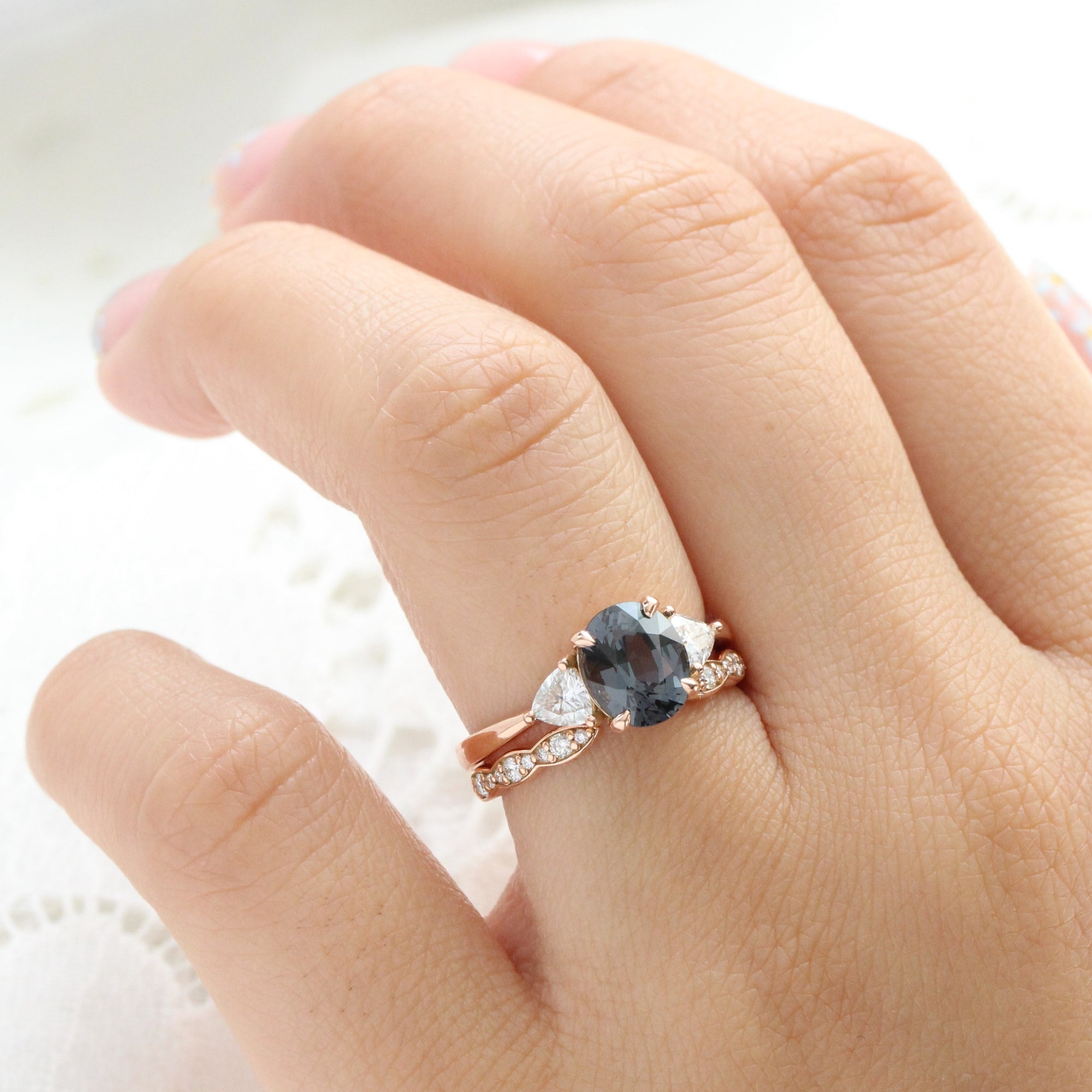 Oval grey spinel diamond ring rose gold 3 stone engagement ring la more design jewelry