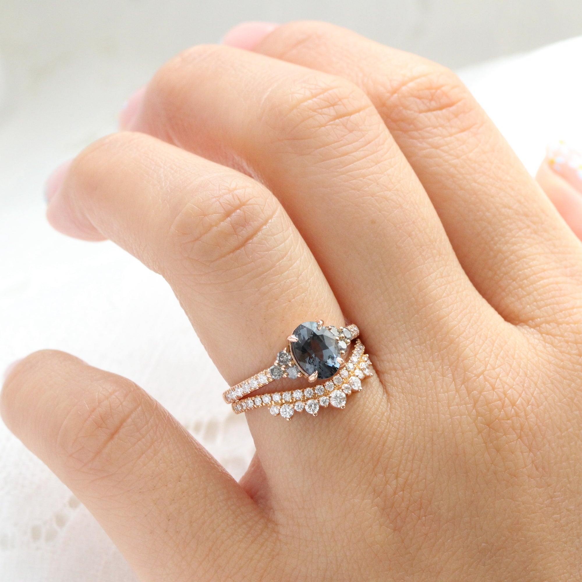 Oval grey spinel salt and pepper diamond ring rose gold 3 stone engagement ring la more design jewelry
