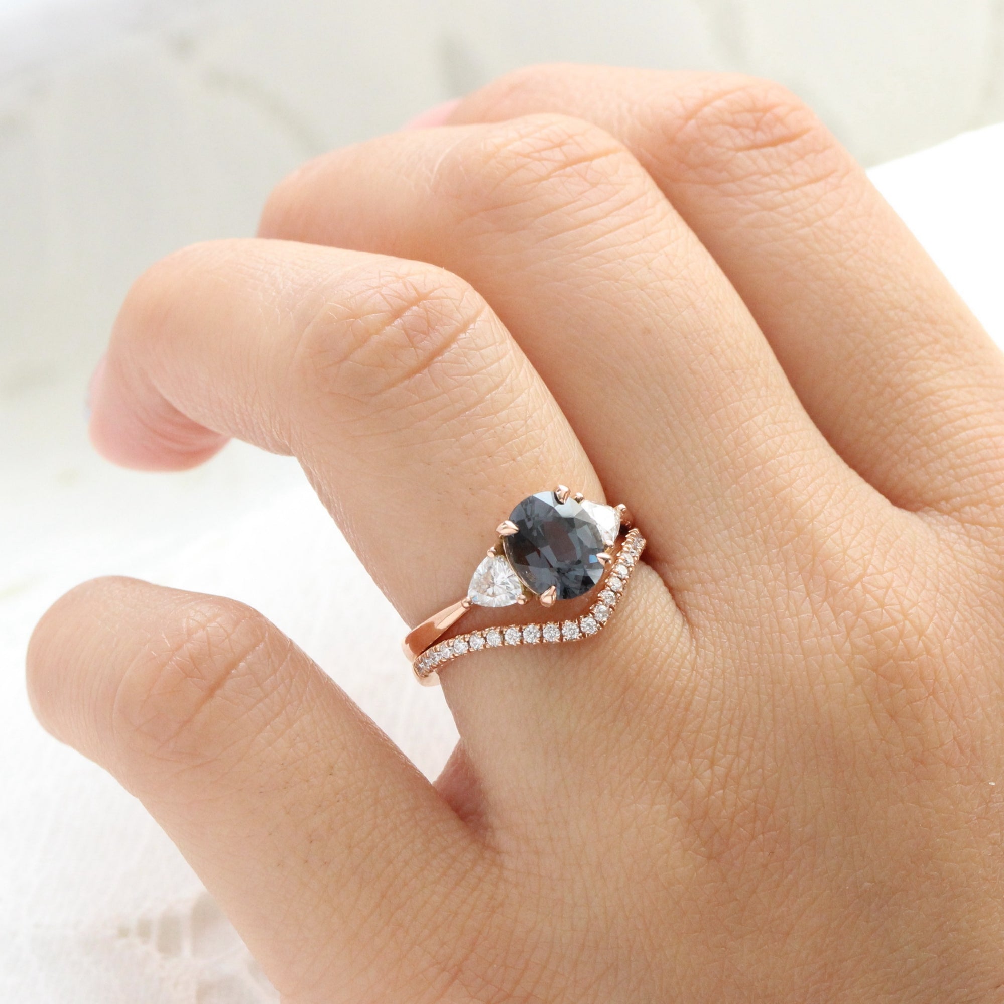 Oval grey spinel diamond ring rose gold 3 stone engagement ring la more design jewelry