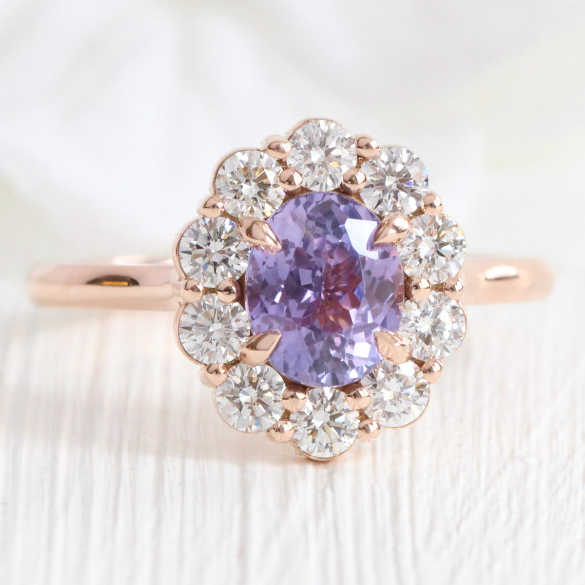 Oval lavender purple sapphire ring rose gold large diamond halo sapphire ring la more design jewelry