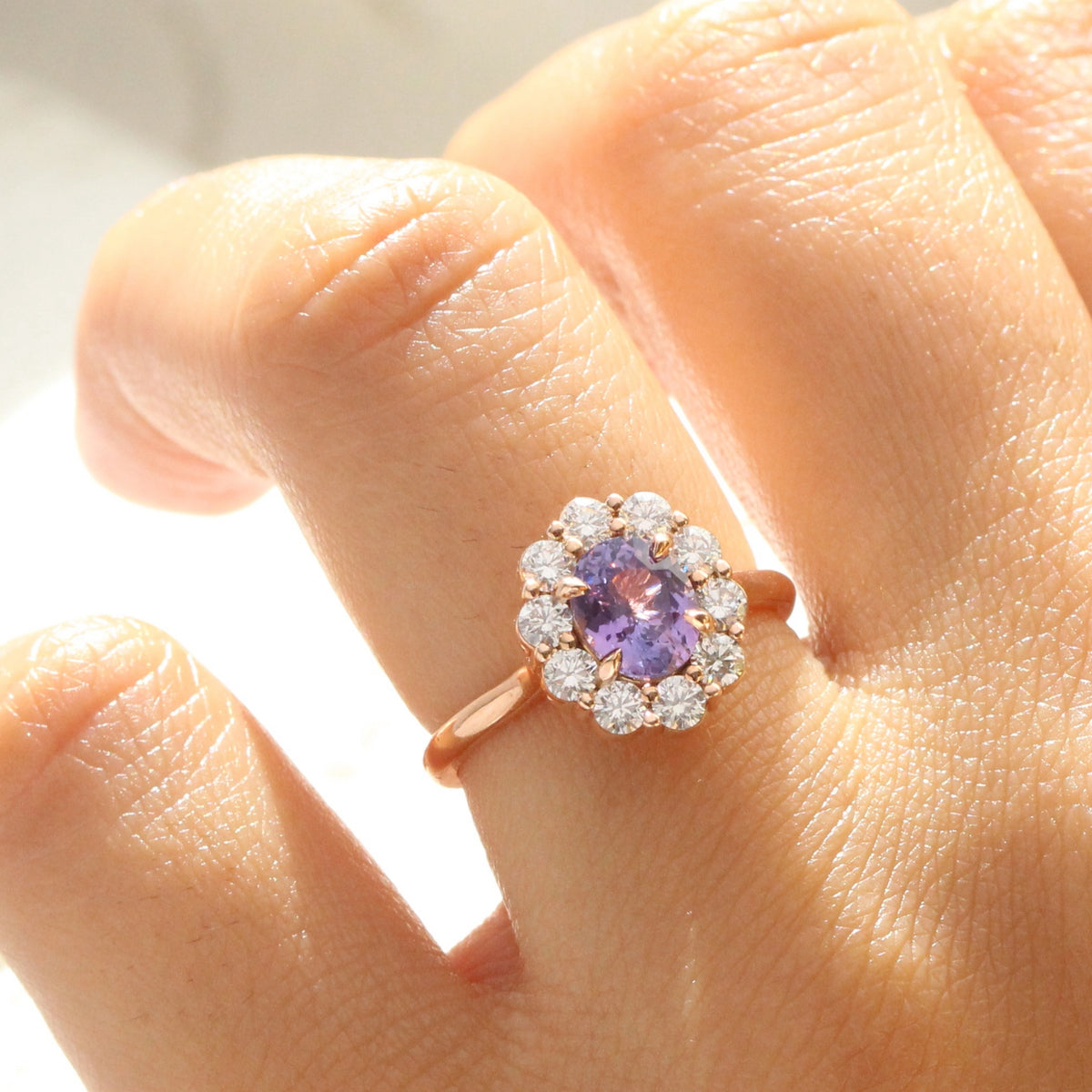Oval lavender purple sapphire ring rose gold large diamond halo sapphire ring la more design jewelry