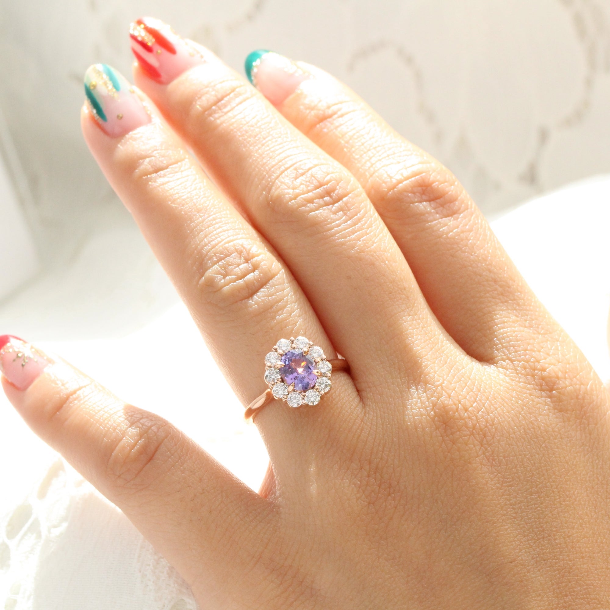 Oval lavender purple sapphire ring rose gold large diamond halo sapphire ring la more design jewelry