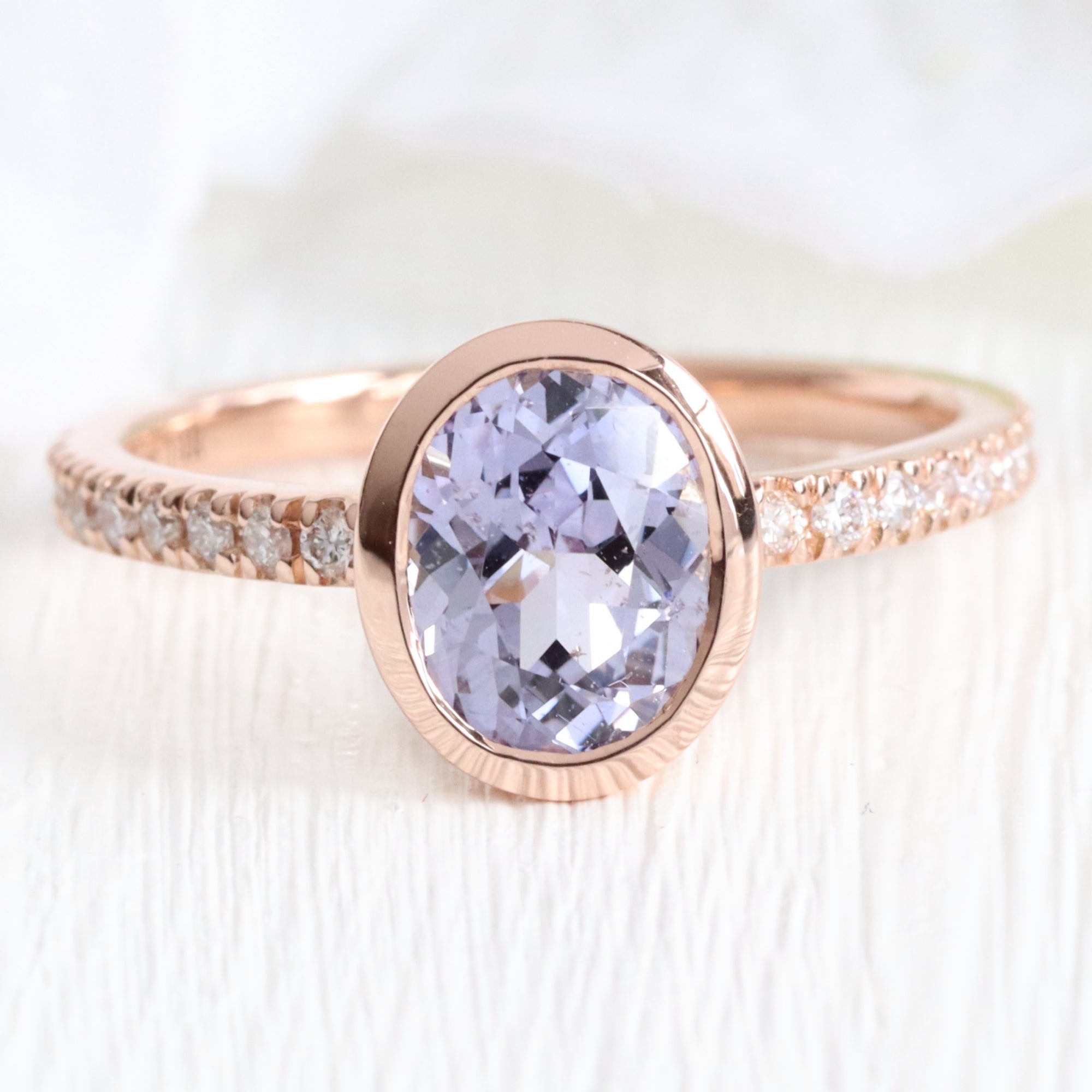 Oval lavender sapphire ring rose gold bezel solitaire pave diamond band la more design jewelry