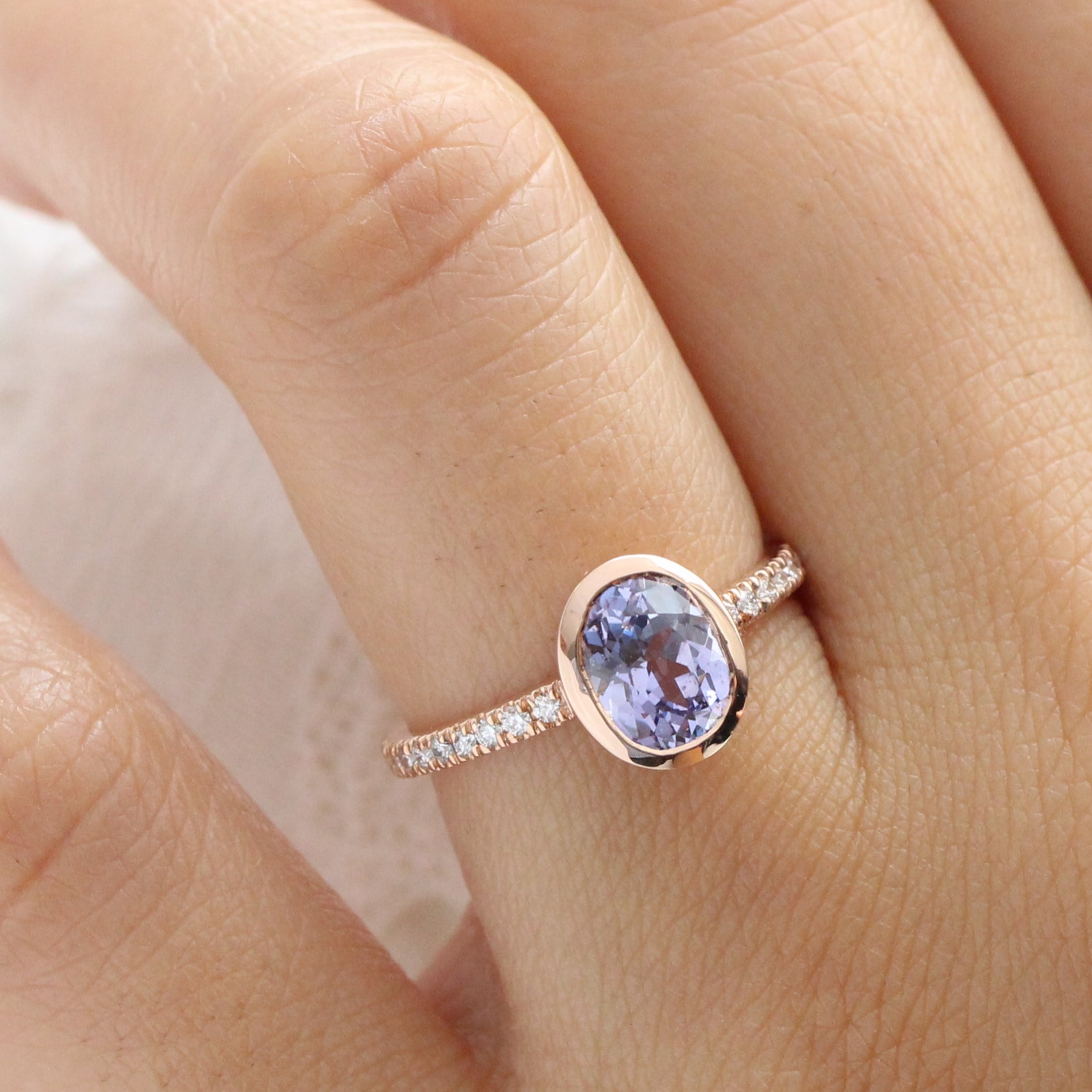 Oval lavender sapphire ring rose gold bezel solitaire pave diamond band la more design jewelry