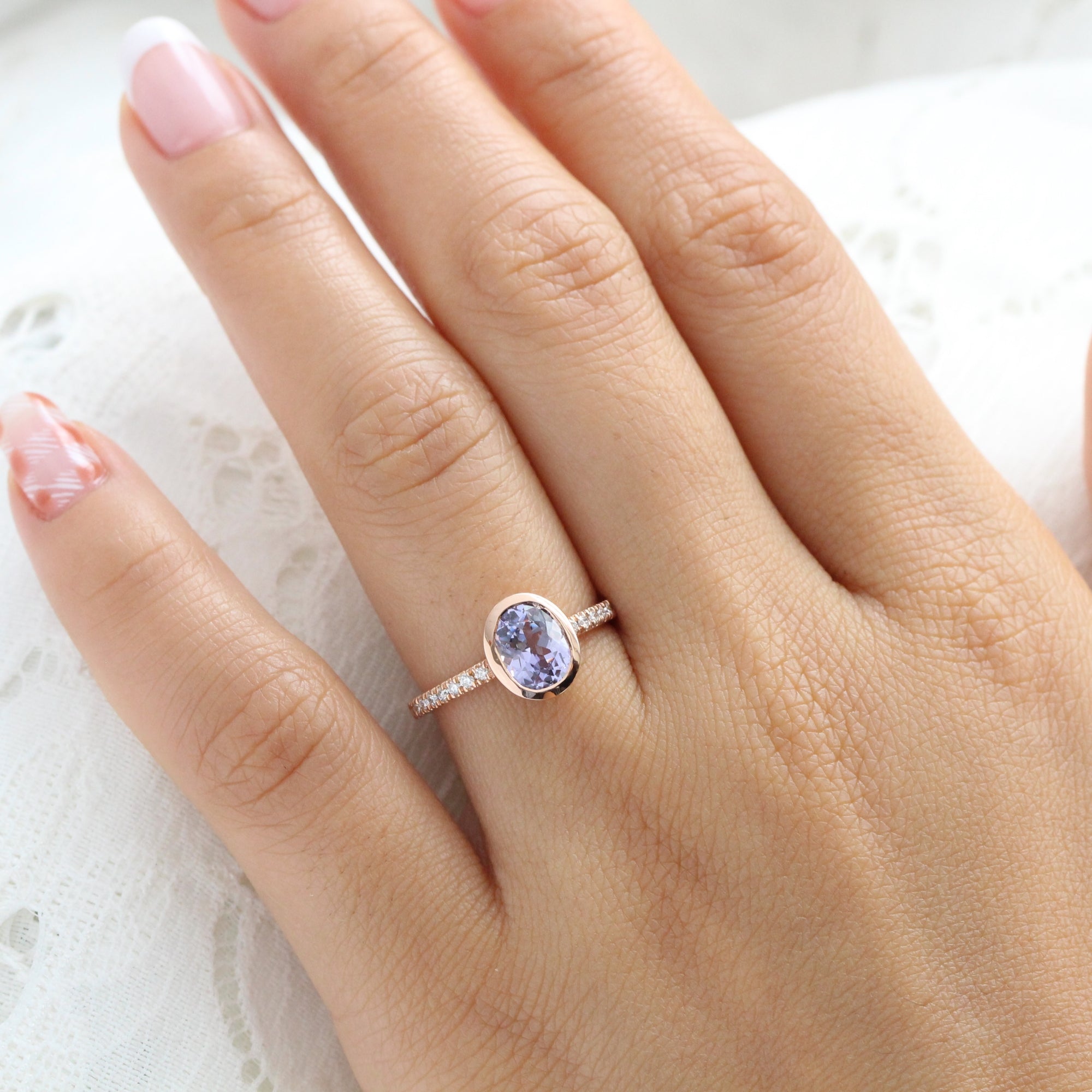 Oval lavender sapphire ring rose gold bezel solitaire pave diamond band la more design jewelry