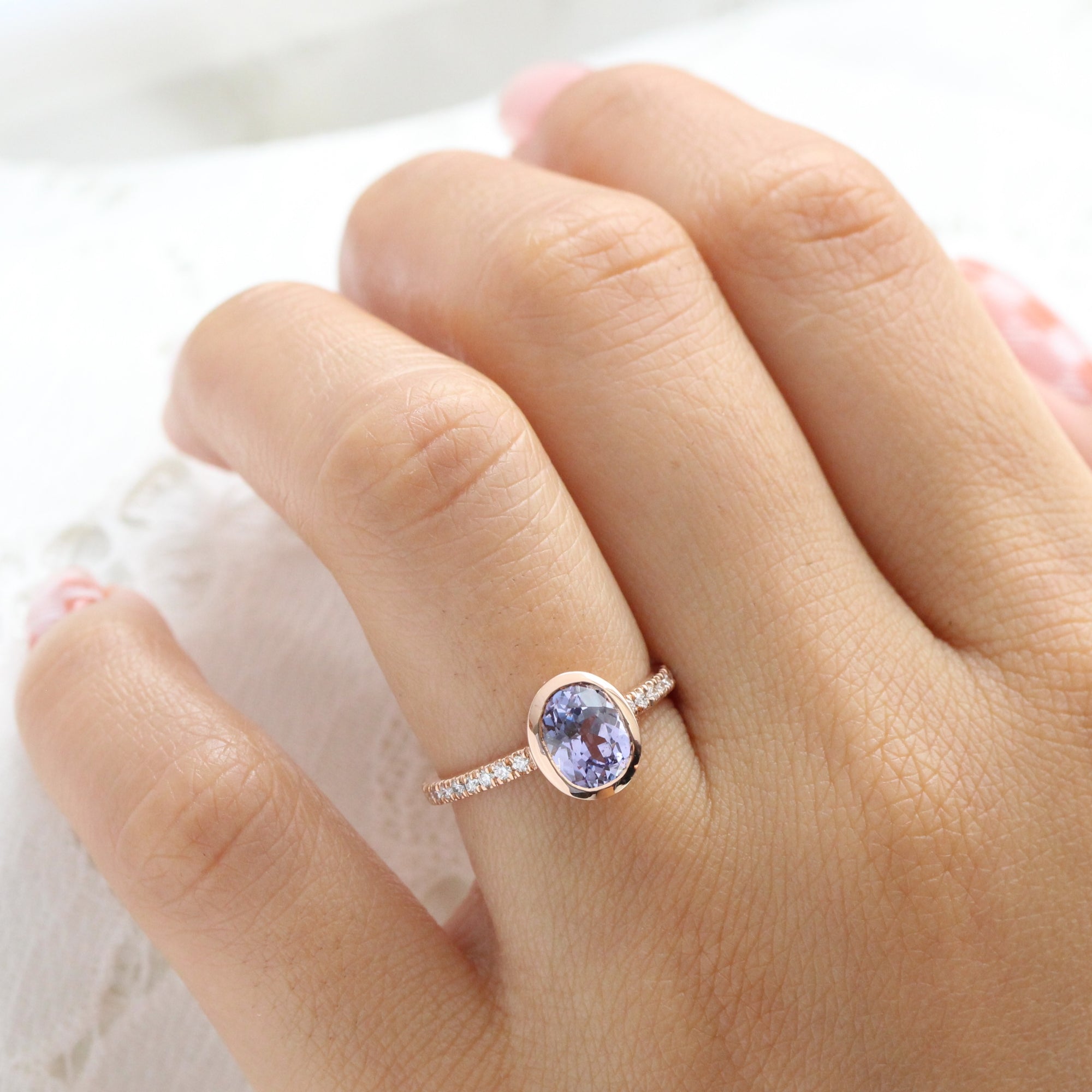 Oval lavender sapphire ring rose gold bezel solitaire pave diamond band la more design jewelry
