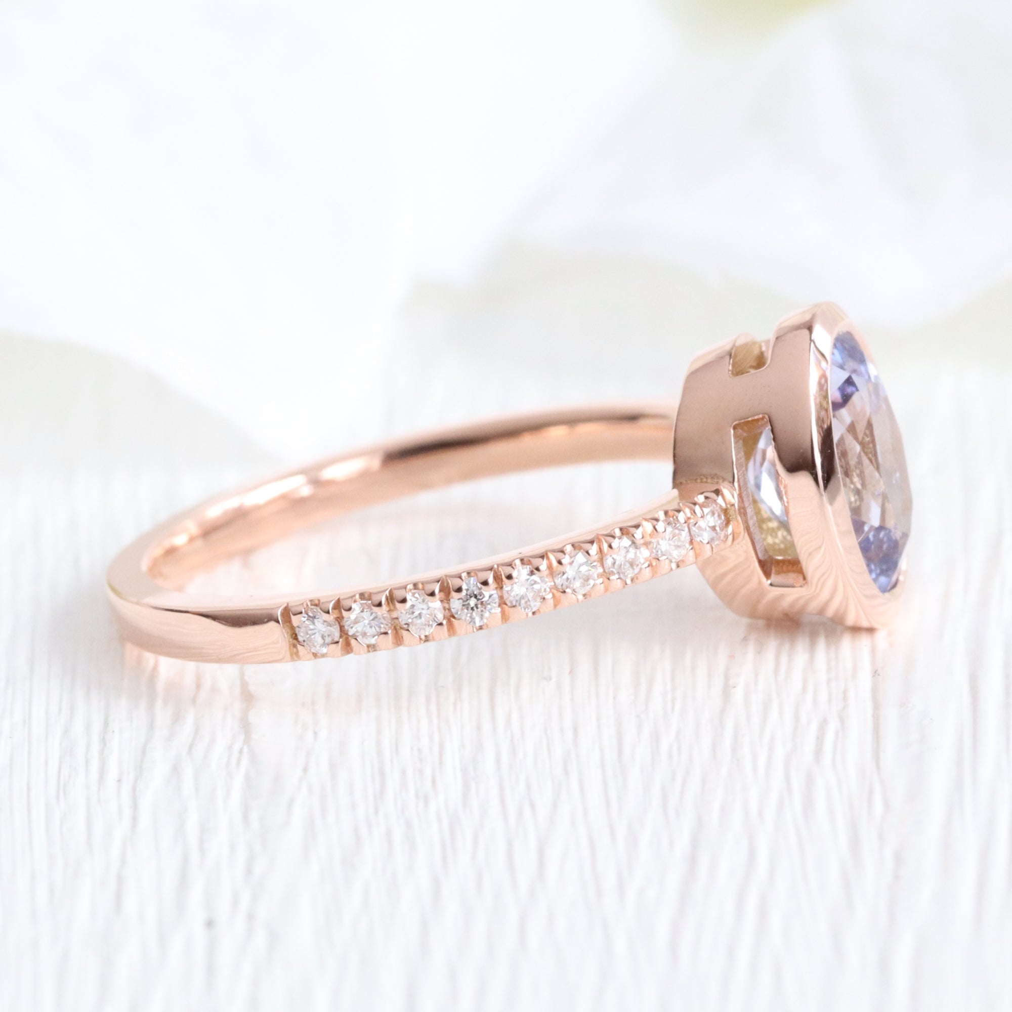 Oval lavender sapphire ring rose gold bezel solitaire pave diamond band la more design jewelry