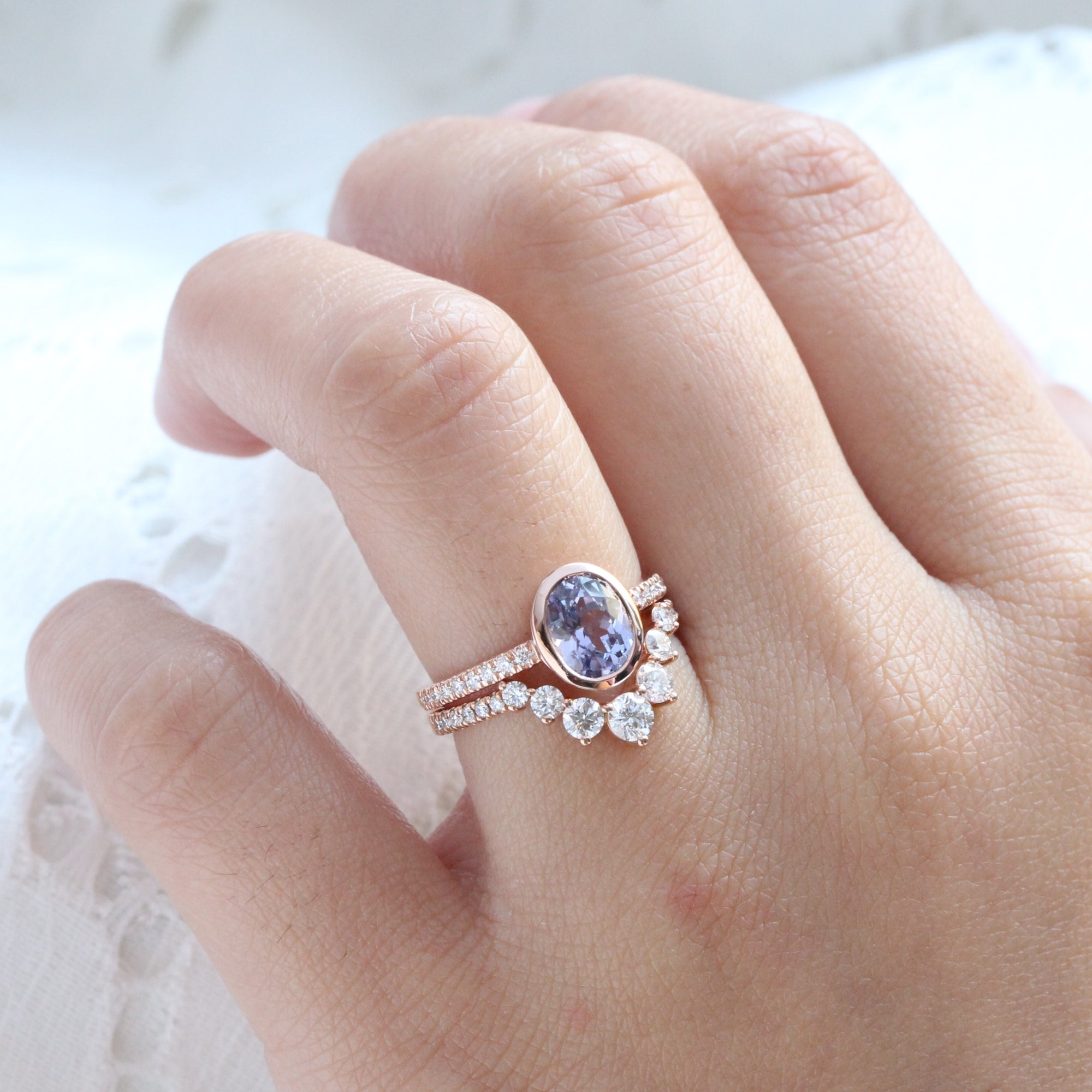 Oval lavender sapphire ring rose gold bezel solitaire pave diamond band la more design jewelry