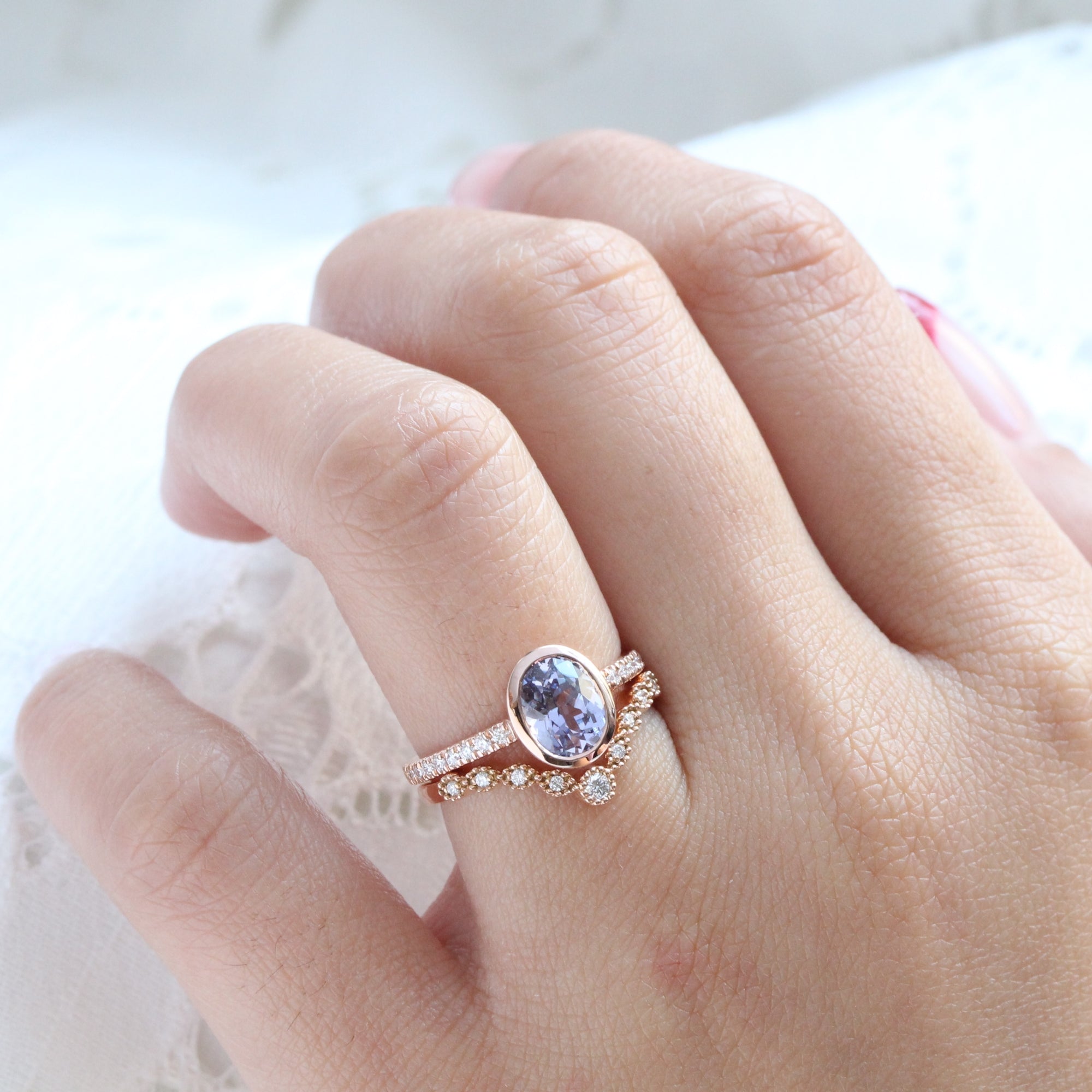 Oval lavender sapphire ring rose gold bezel solitaire pave diamond band la more design jewelry
