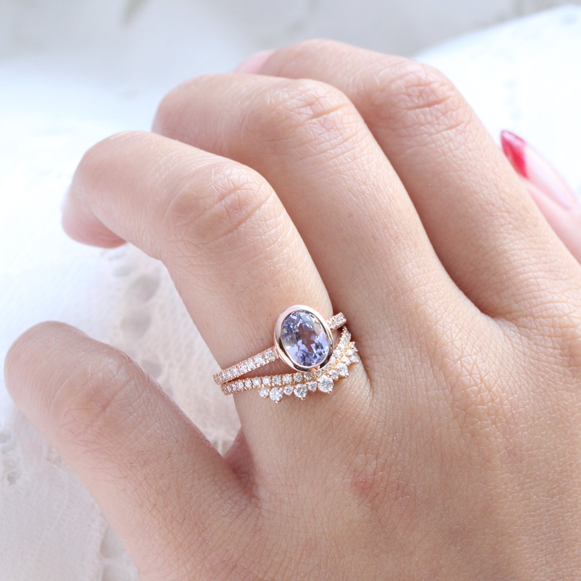 Oval lavender sapphire ring rose gold bezel solitaire pave diamond band la more design jewelry