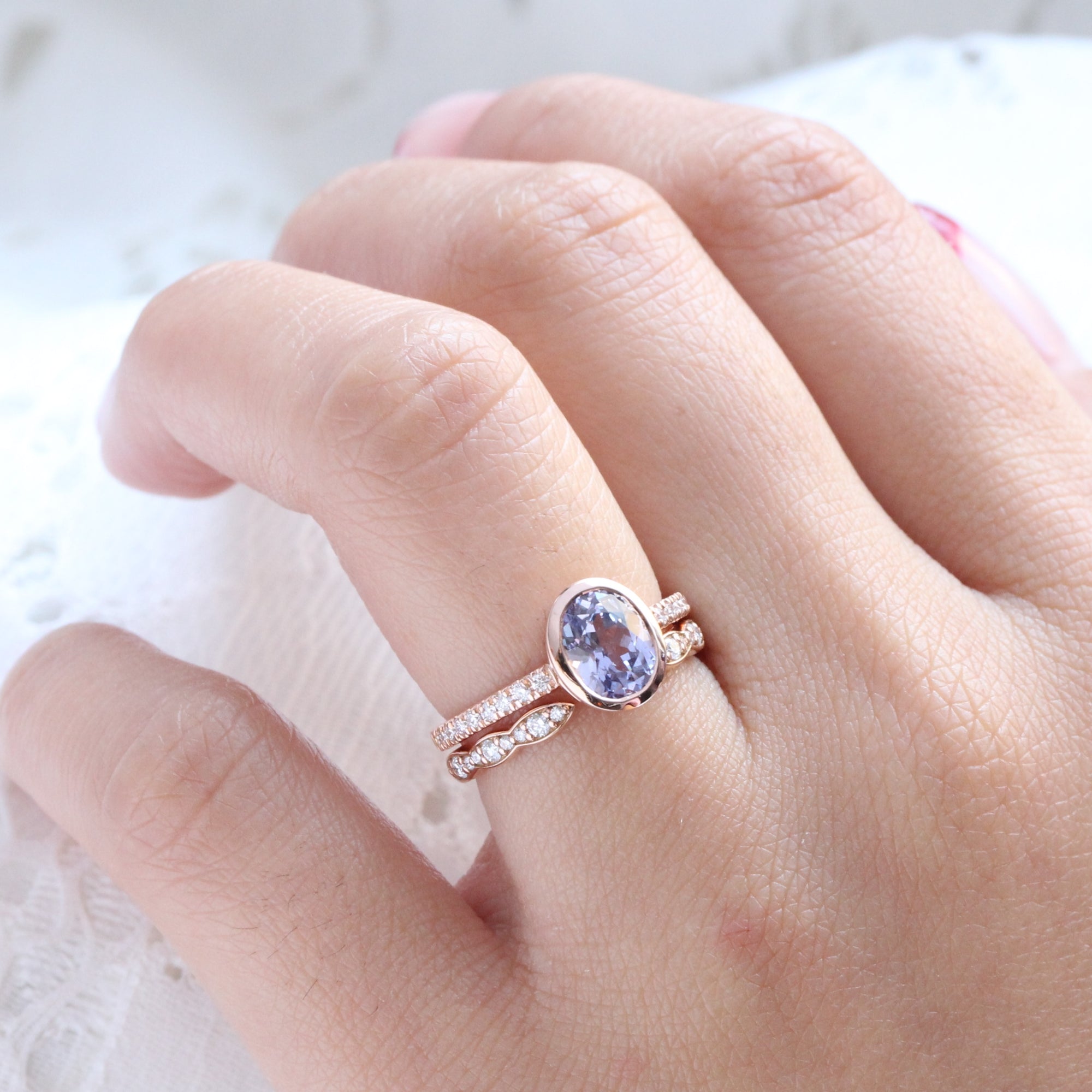 Oval lavender sapphire ring rose gold bezel solitaire pave diamond band la more design jewelry