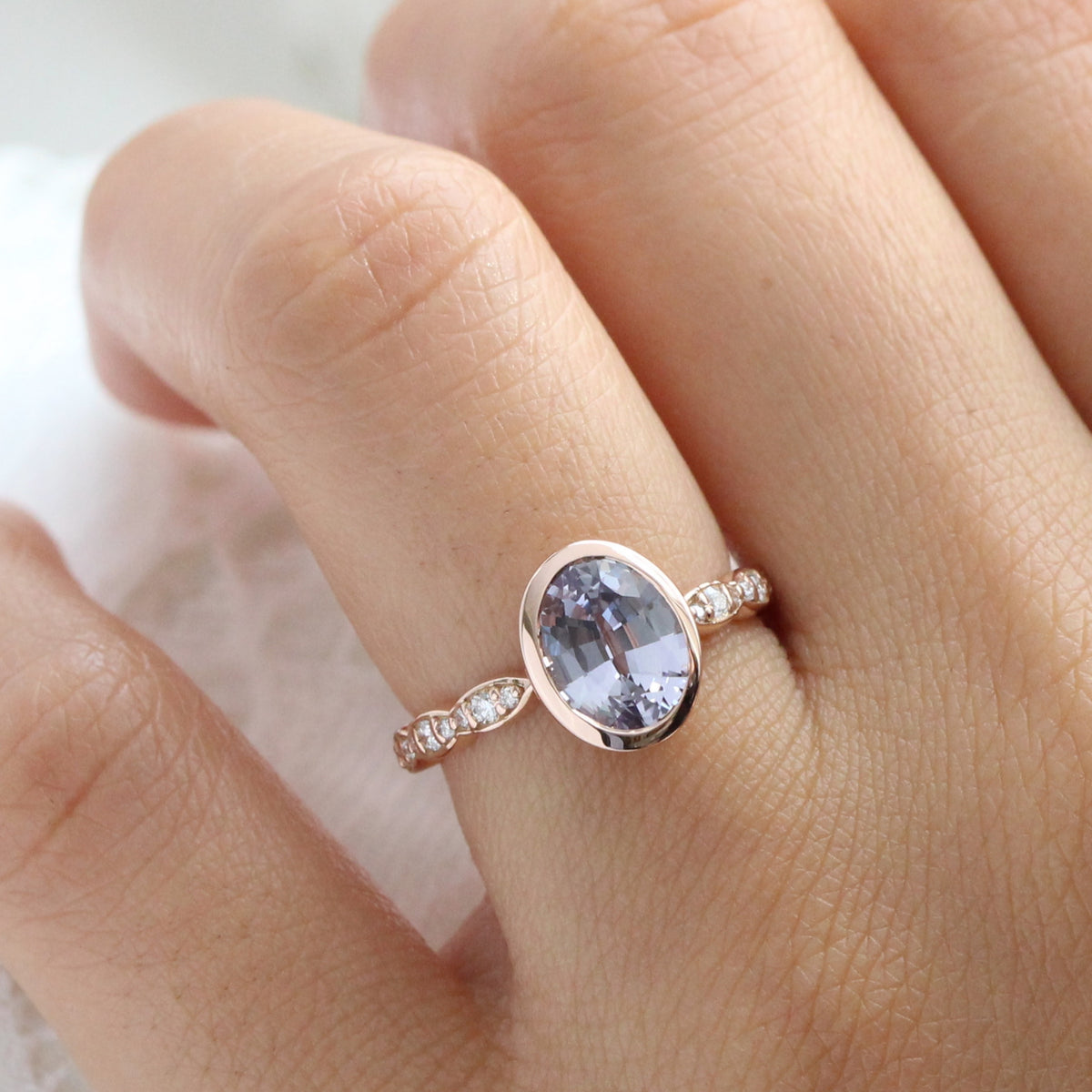 Oval lavender sapphire ring rose gold bezel solitaire scalloped diamond band la more design jewelry