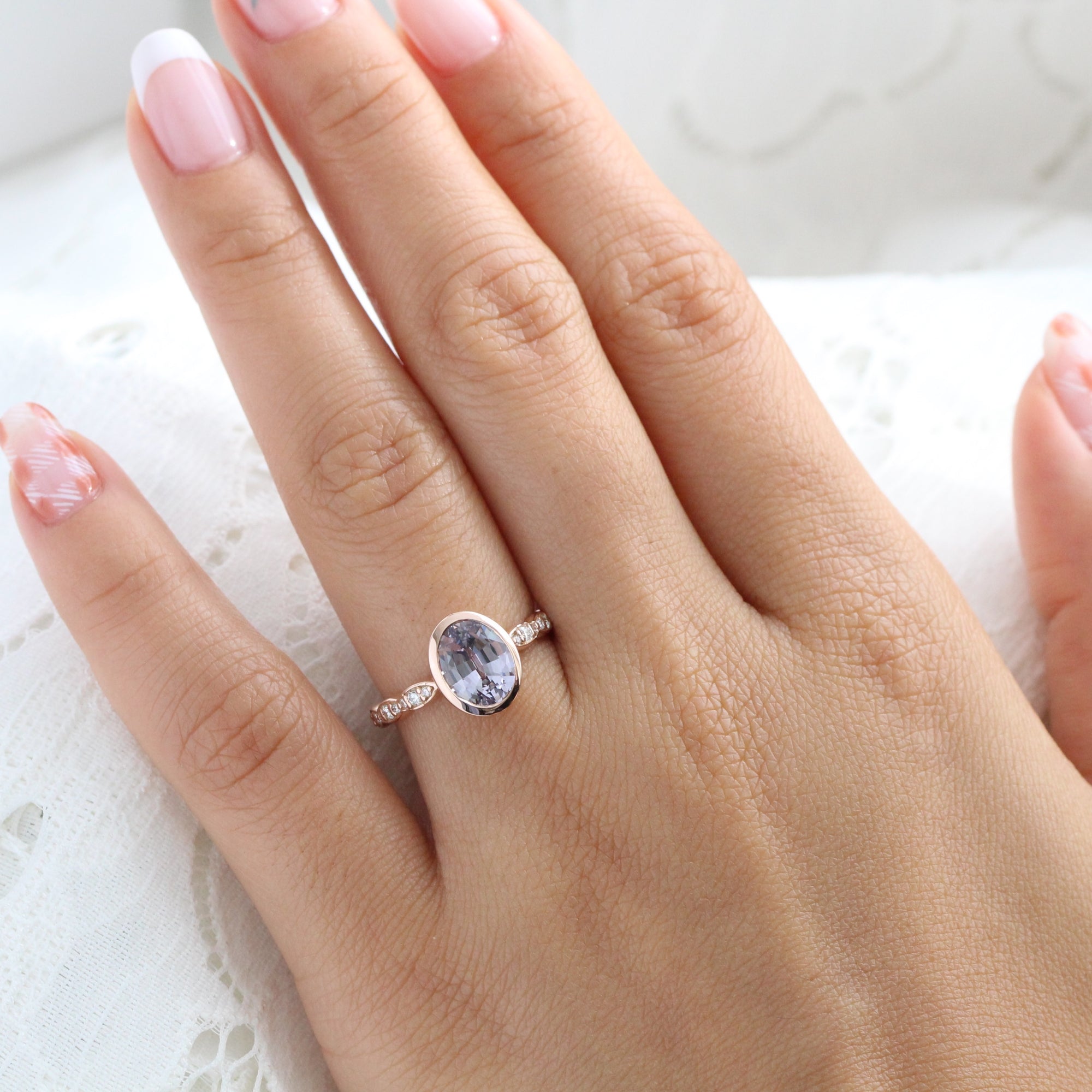 Oval lavender sapphire ring rose gold bezel solitaire scalloped diamond band la more design jewelry