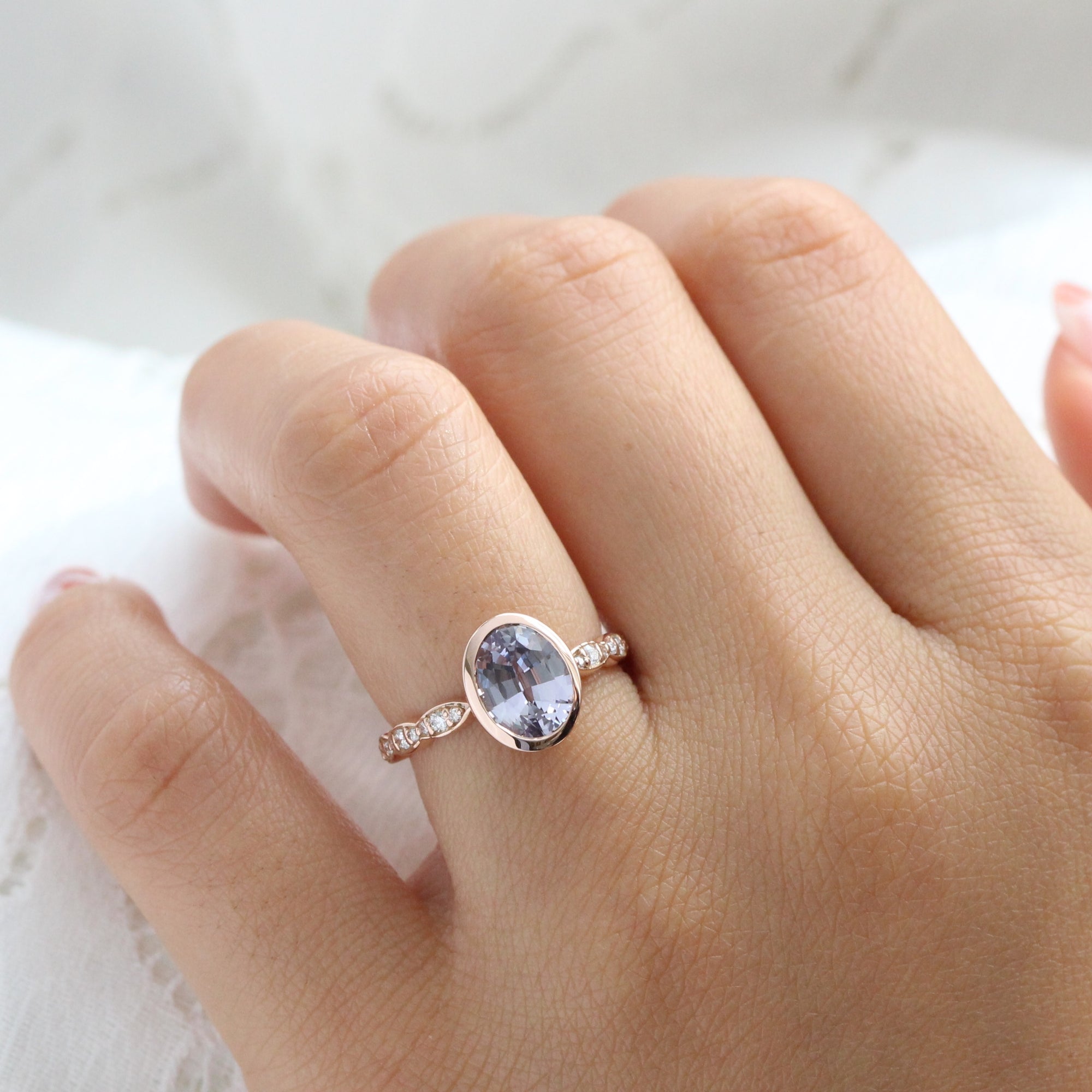 Oval lavender sapphire ring rose gold bezel solitaire scalloped diamond band la more design jewelry