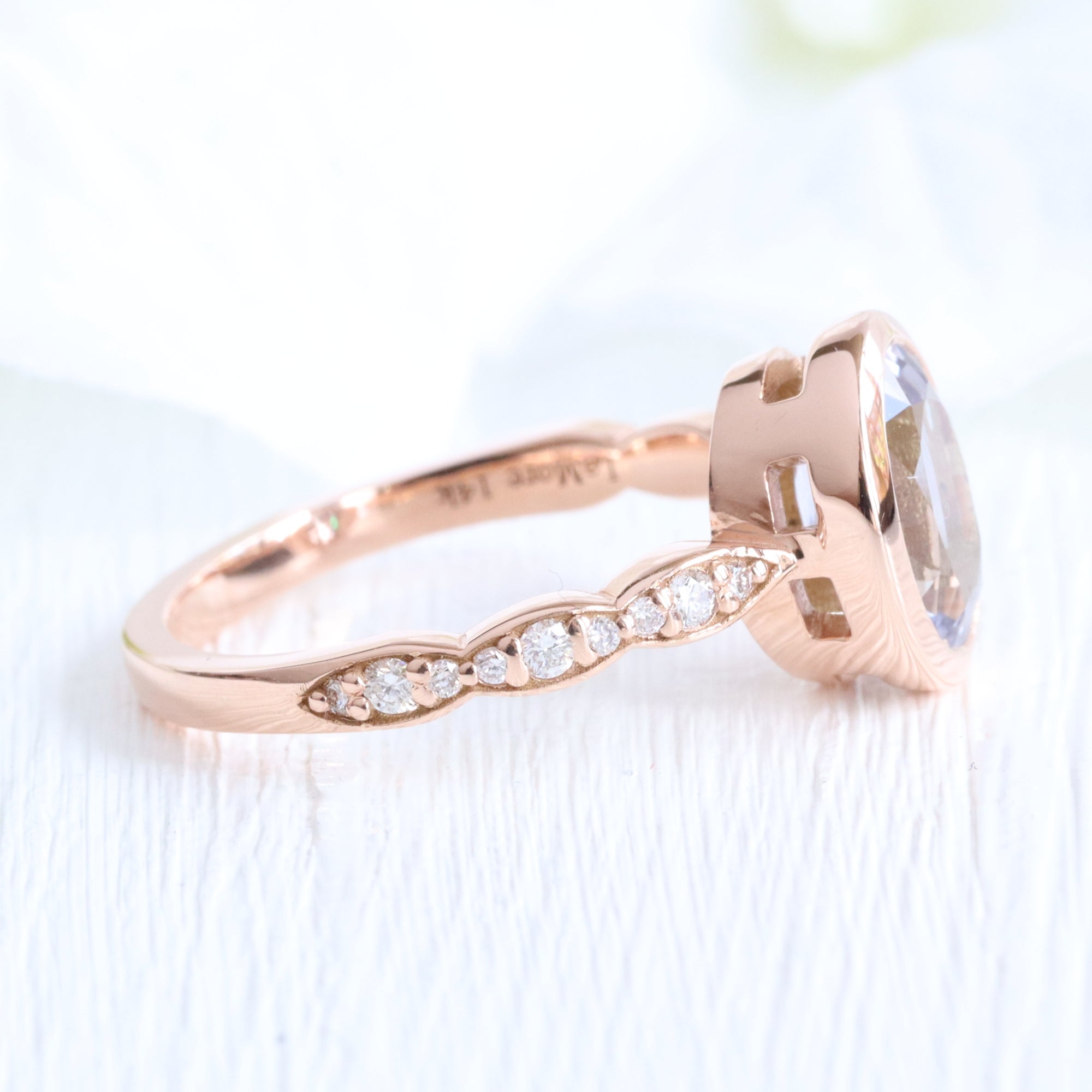 Oval lavender sapphire ring rose gold bezel solitaire scalloped diamond band la more design jewelry