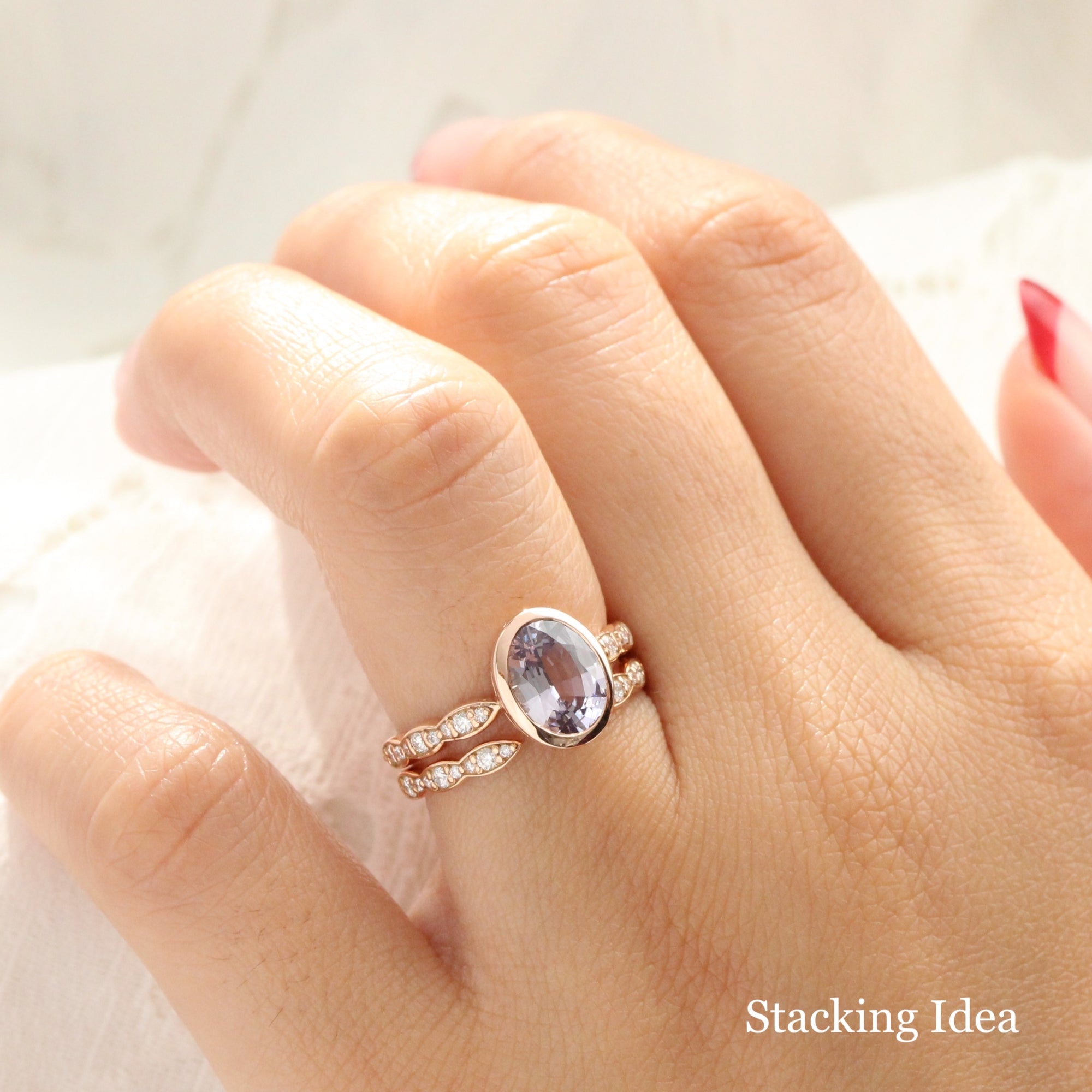 Oval lavender sapphire ring rose gold bezel solitaire scalloped diamond band la more design jewelry