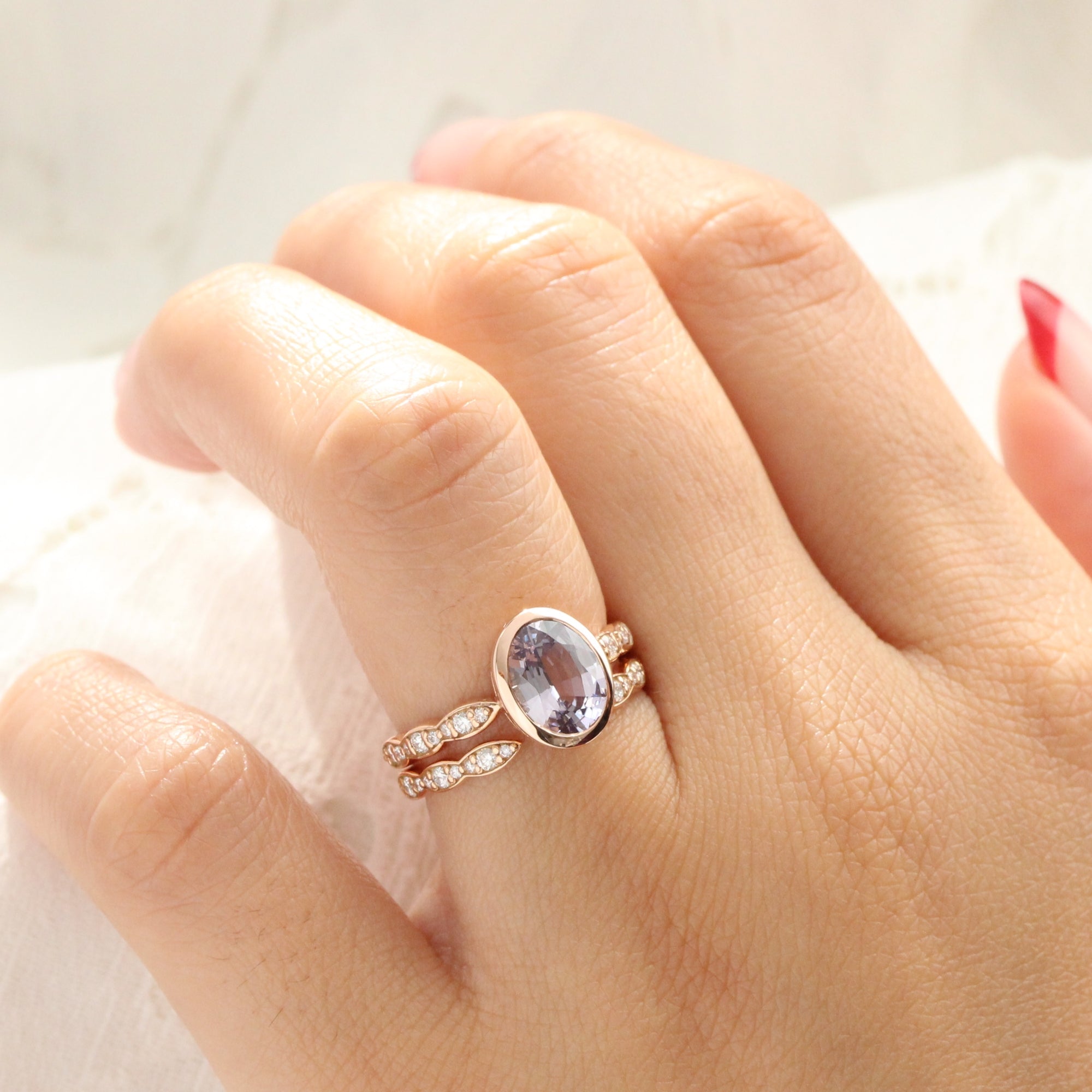 Oval lavender sapphire ring rose gold bezel solitaire scalloped diamond band la more design jewelry