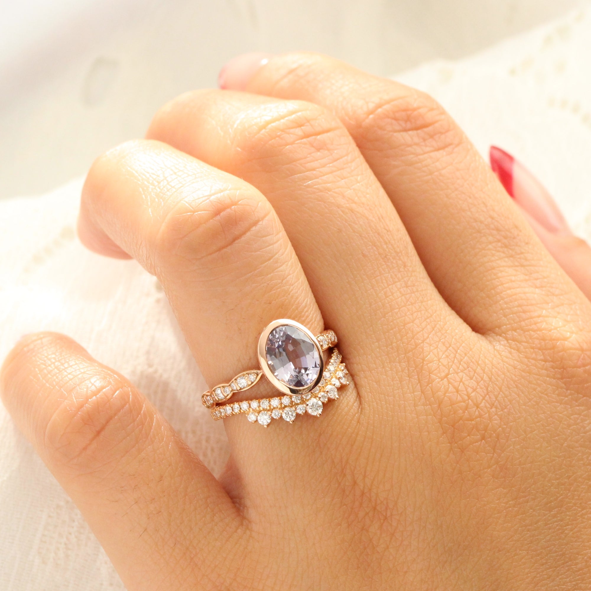 Oval lavender sapphire ring rose gold bezel solitaire scalloped diamond band la more design jewelry