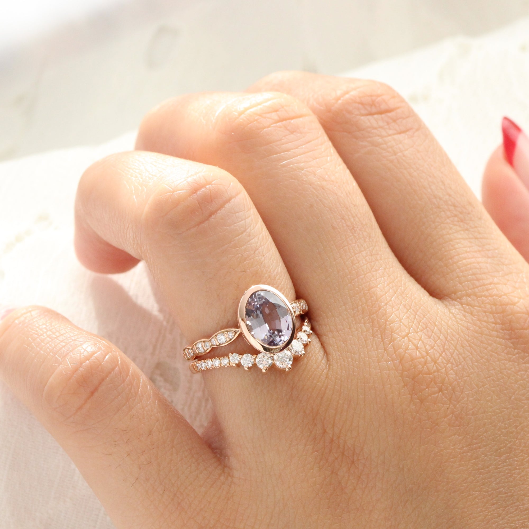 Oval lavender sapphire ring rose gold bezel solitaire scalloped diamond band la more design jewelry