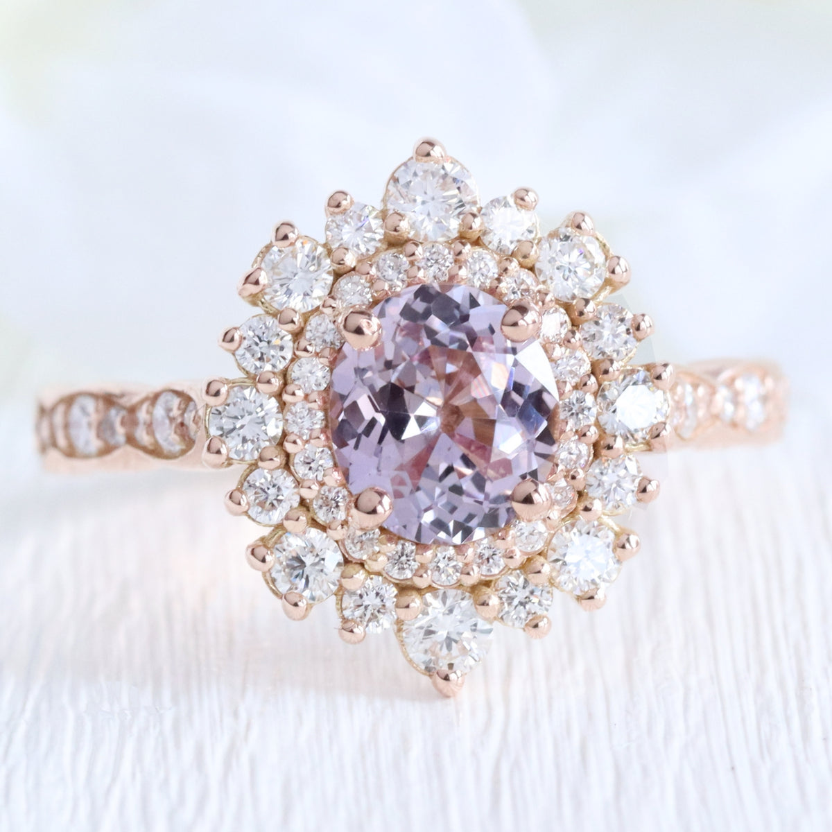 Oval lavender sapphire ring rose gold double halo diamond engagement ring la more design jewelry