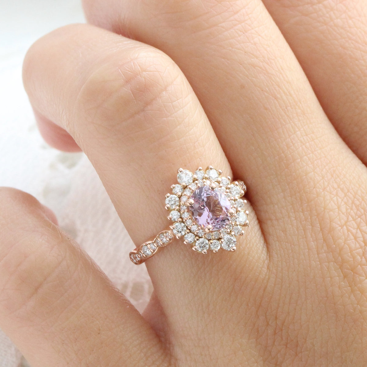 Oval lavender sapphire ring rose gold double halo diamond engagement ring la more design jewelry