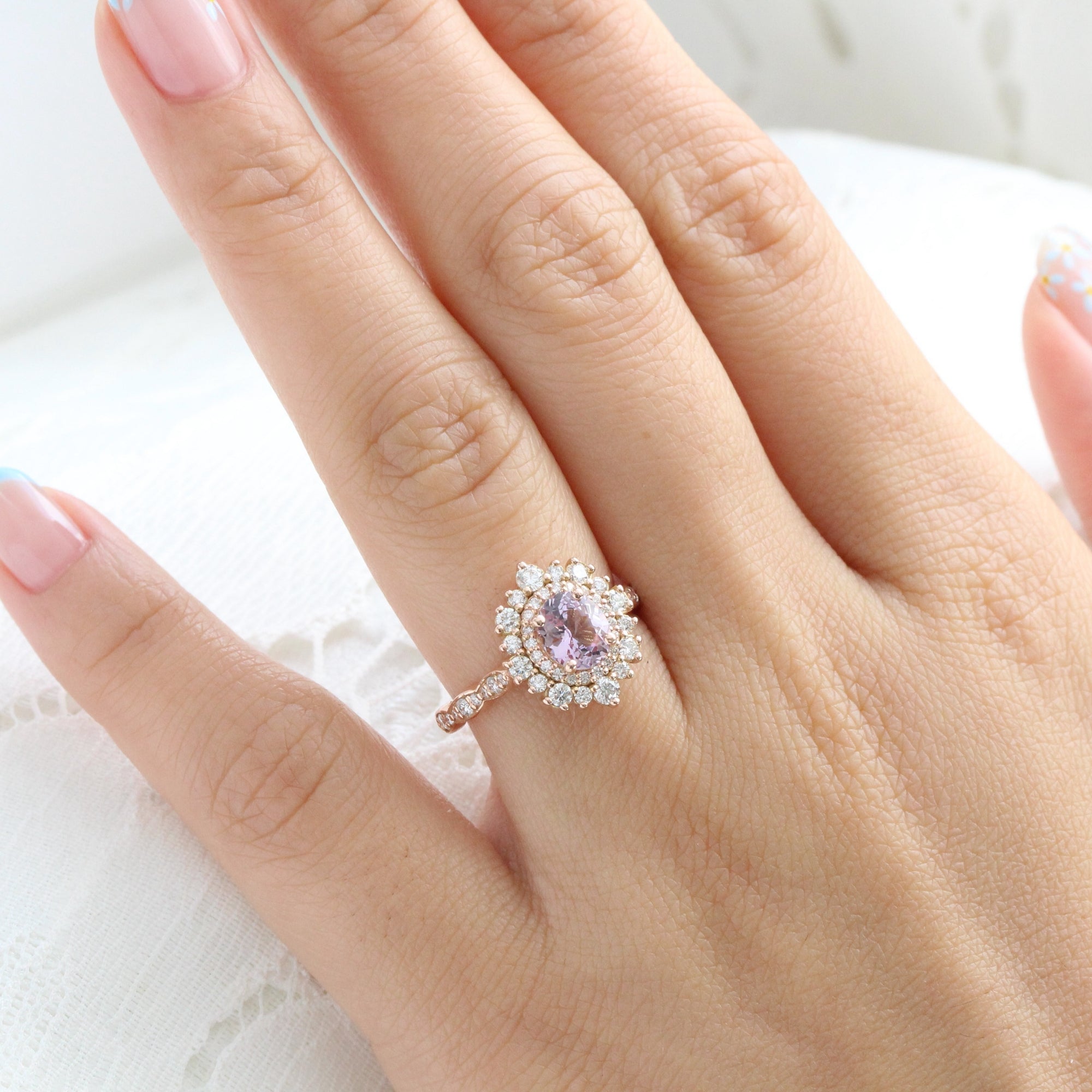Oval lavender sapphire ring rose gold double halo diamond engagement ring la more design jewelry