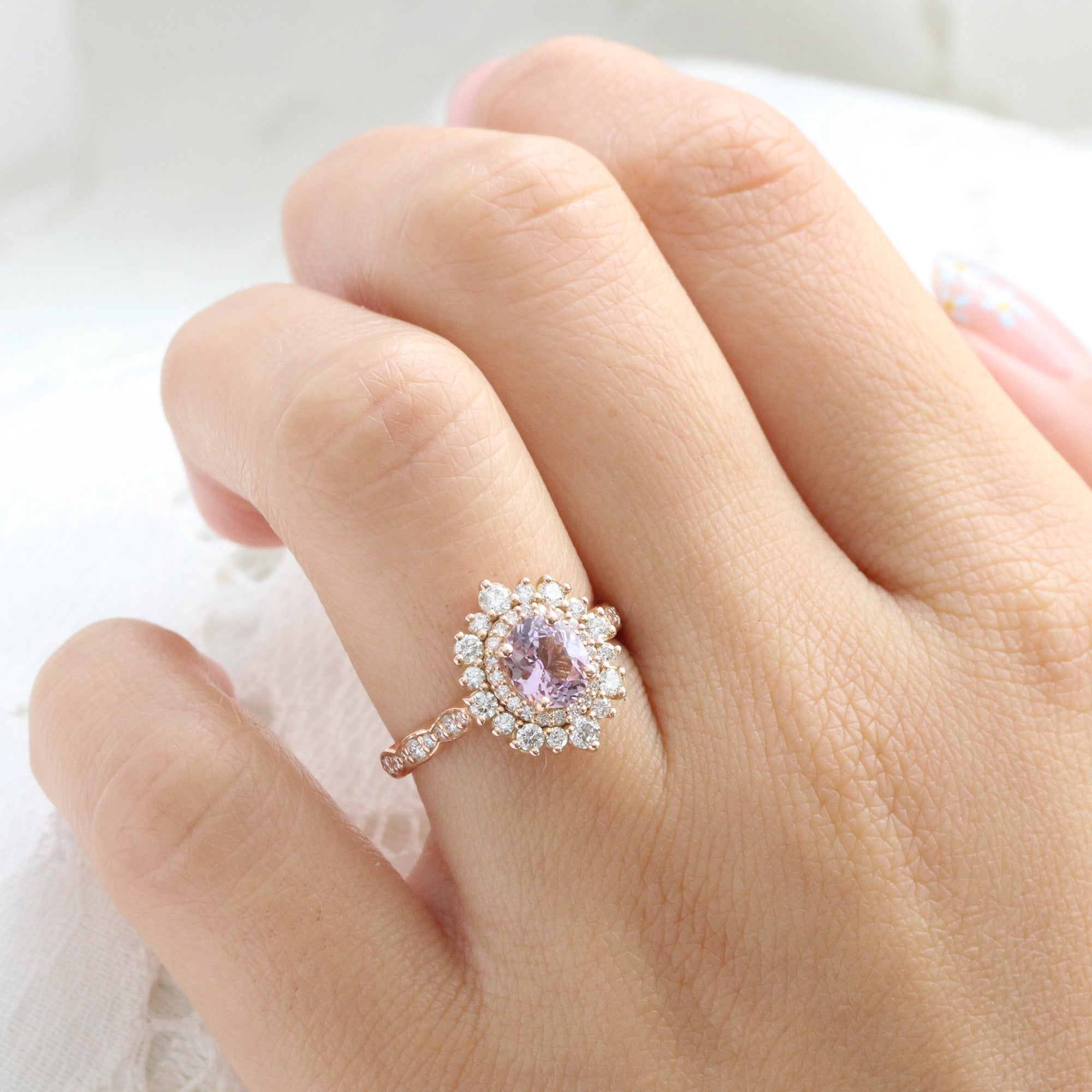 Oval lavender sapphire ring rose gold double halo diamond engagement ring la more design jewelry