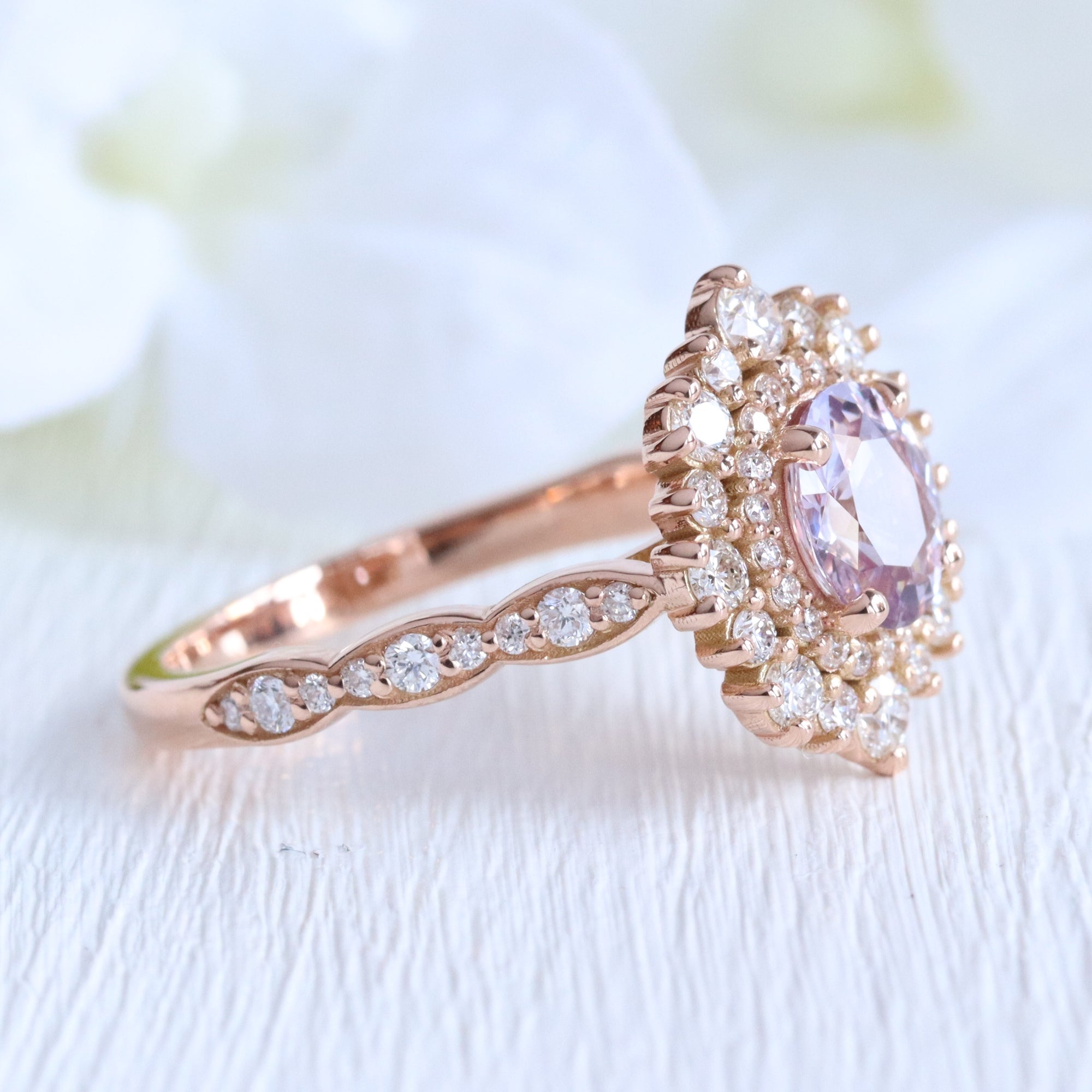 Oval lavender sapphire ring rose gold double halo diamond engagement ring la more design jewelry