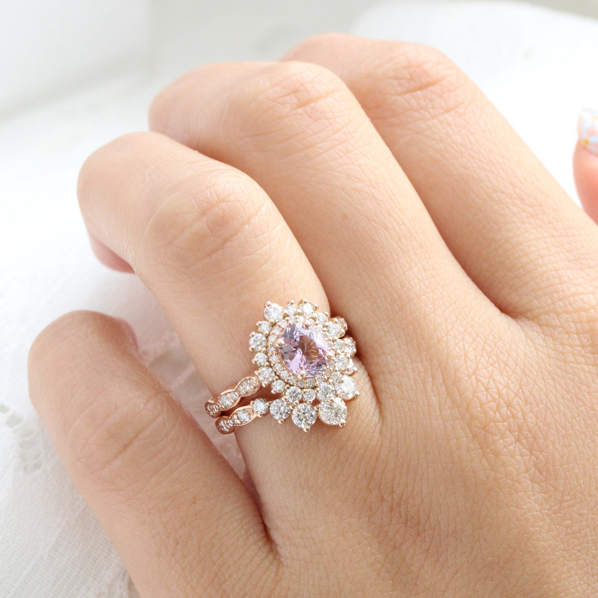 Oval lavender sapphire ring rose gold double halo diamond engagement ring la more design jewelry