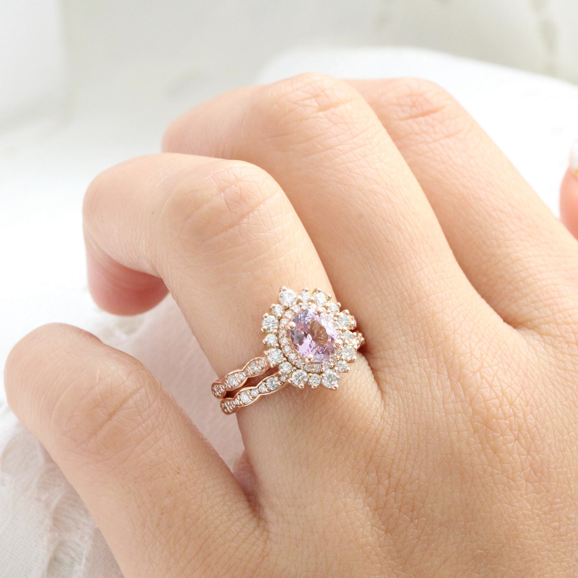 Oval lavender sapphire ring rose gold double halo diamond engagement ring la more design jewelry