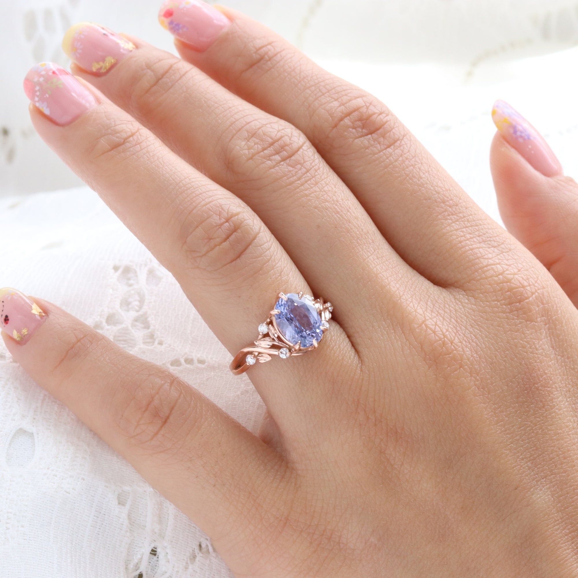 Oval lavender sapphire ring rose gold floral leaf diamond purple sapphire solitaire ring la more design jewelry