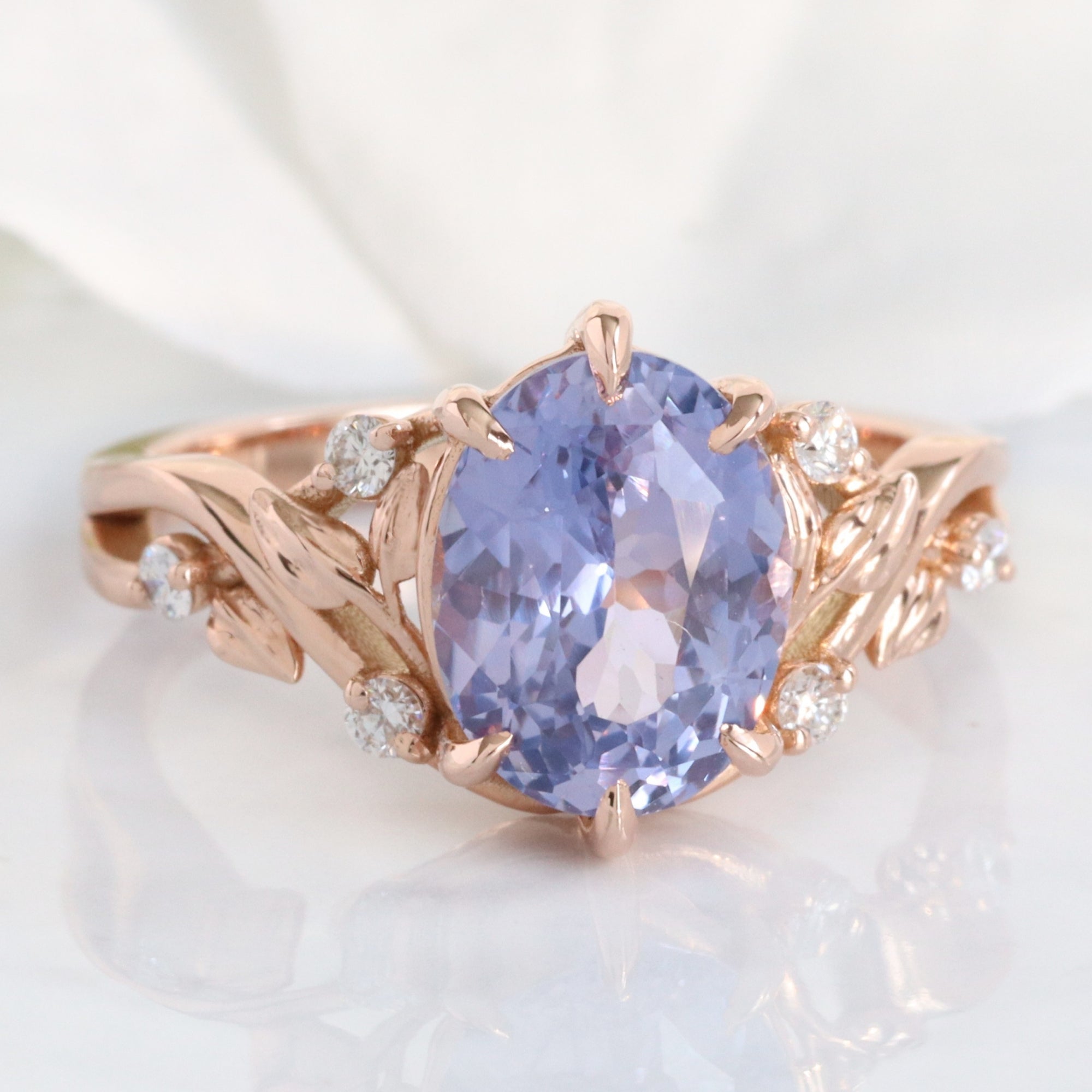 Oval lavender sapphire ring rose gold floral leaf diamond purple sapphire solitaire ring la more design jewelry