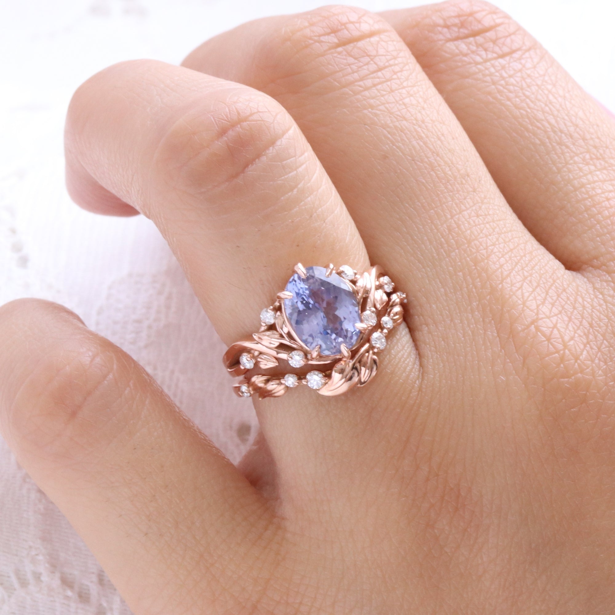 Oval lavender sapphire ring rose gold floral leaf diamond purple sapphire solitaire ring la more design jewelry