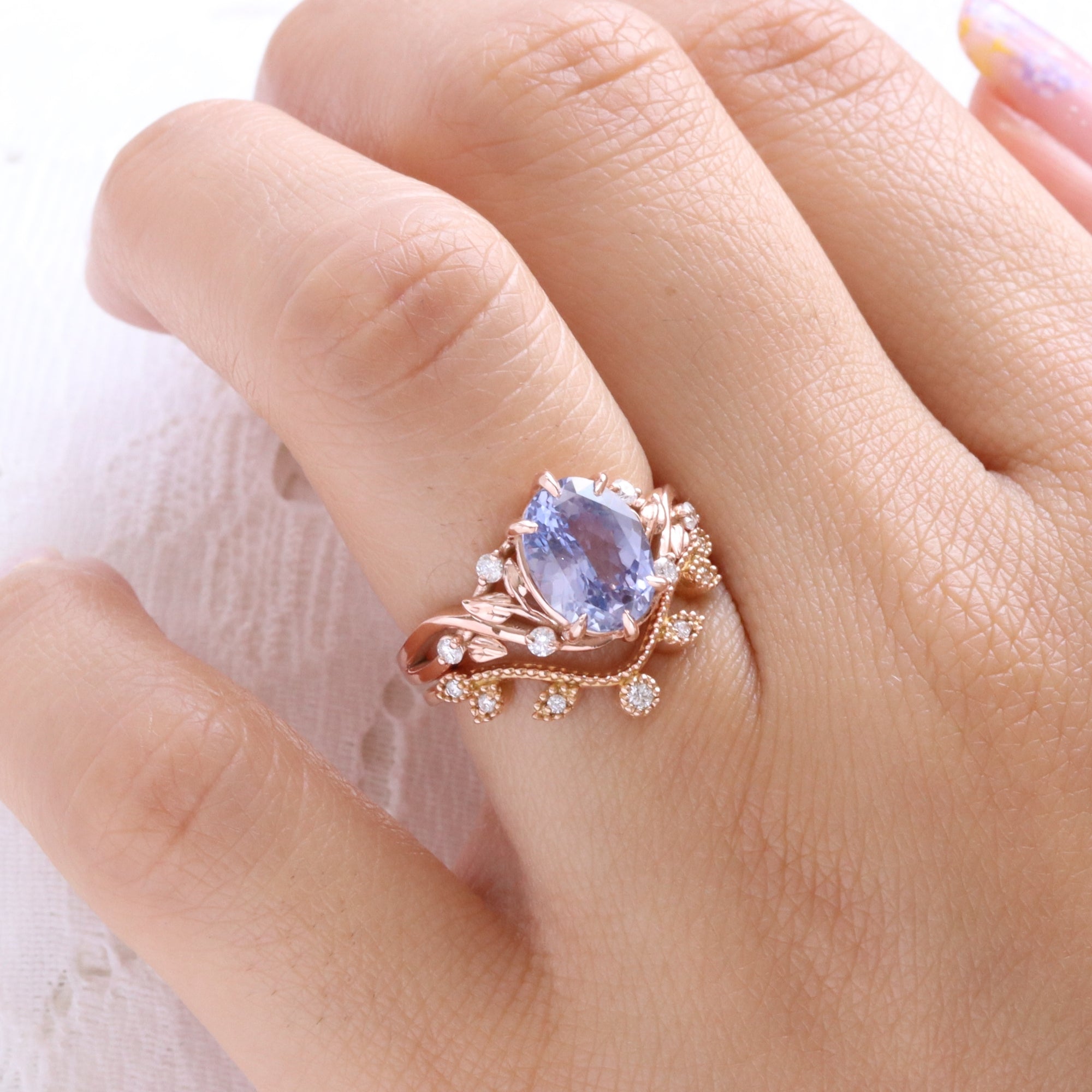Oval lavender sapphire ring rose gold floral leaf diamond purple sapphire solitaire ring la more design jewelry