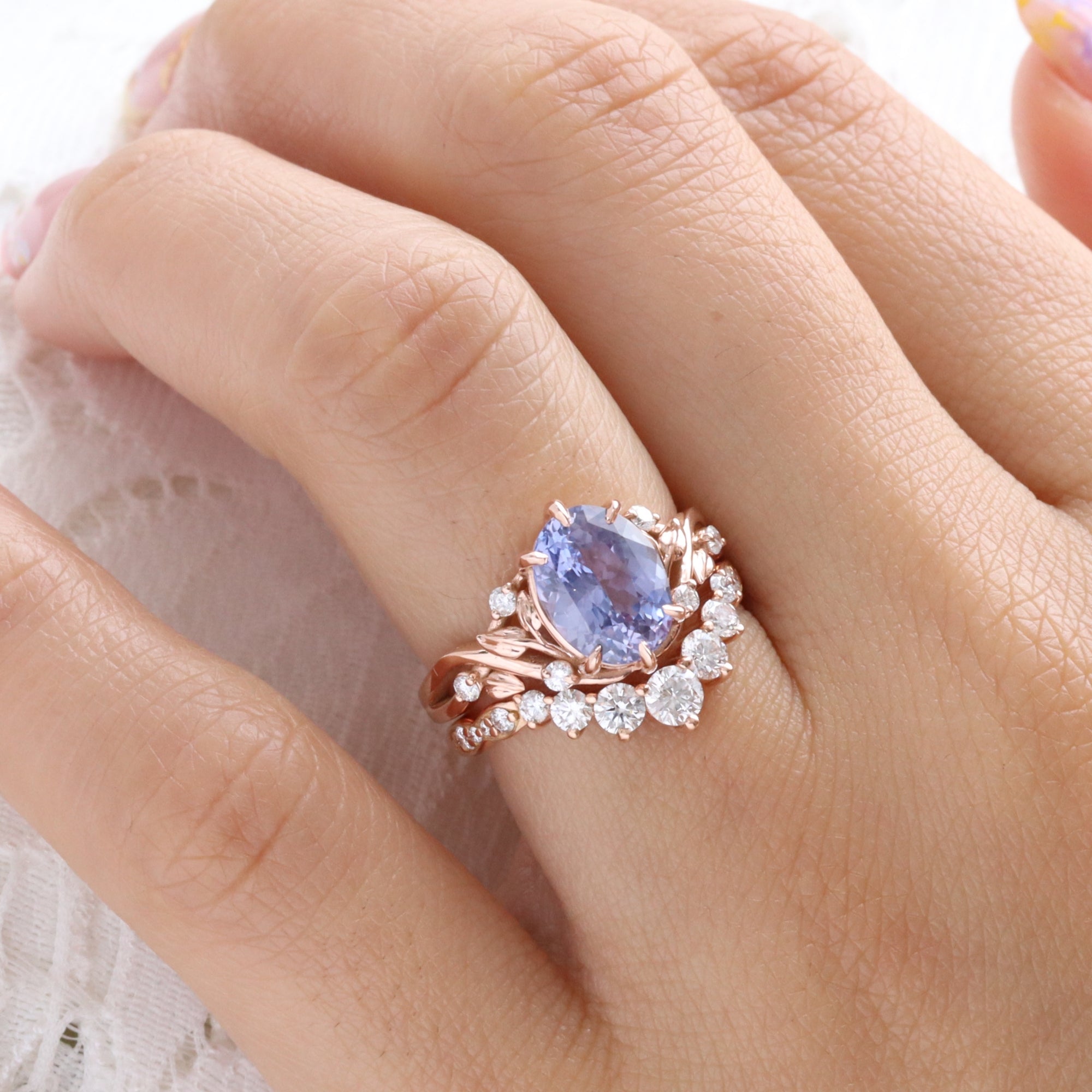 Oval lavender sapphire ring rose gold floral leaf diamond purple sapphire solitaire ring la more design jewelry
