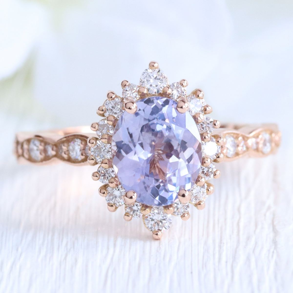 Oval lavender sapphire ring rose gold halo diamond sapphire engagement ring la more design jewelry