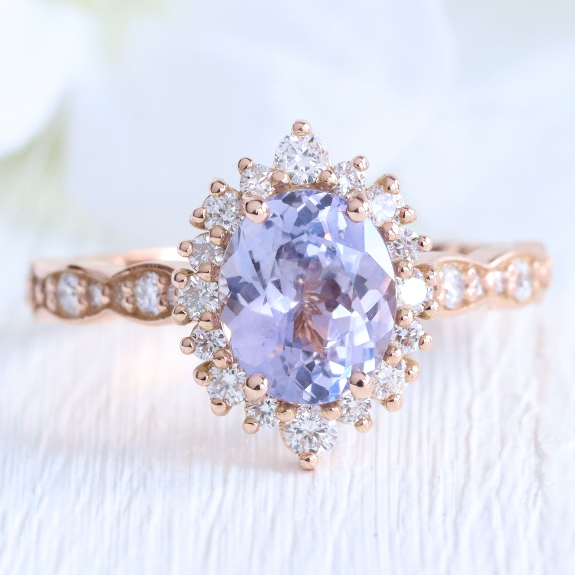 Oval Natural Lavender Sapphire Ring Rose Gold Halo Cluster Diamond Ring ...