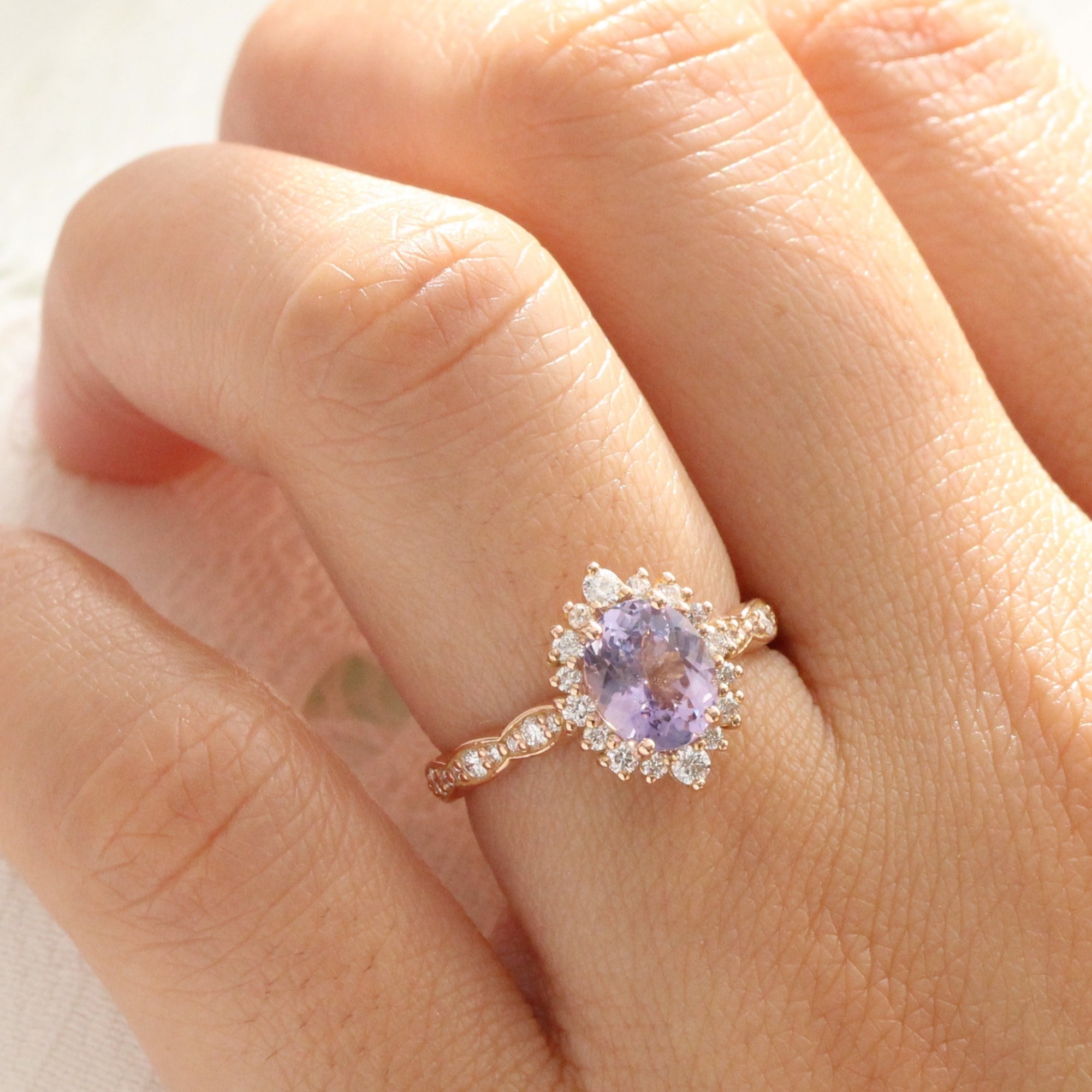 Oval lavender sapphire ring rose gold halo diamond sapphire engagement ring la more design jewelry