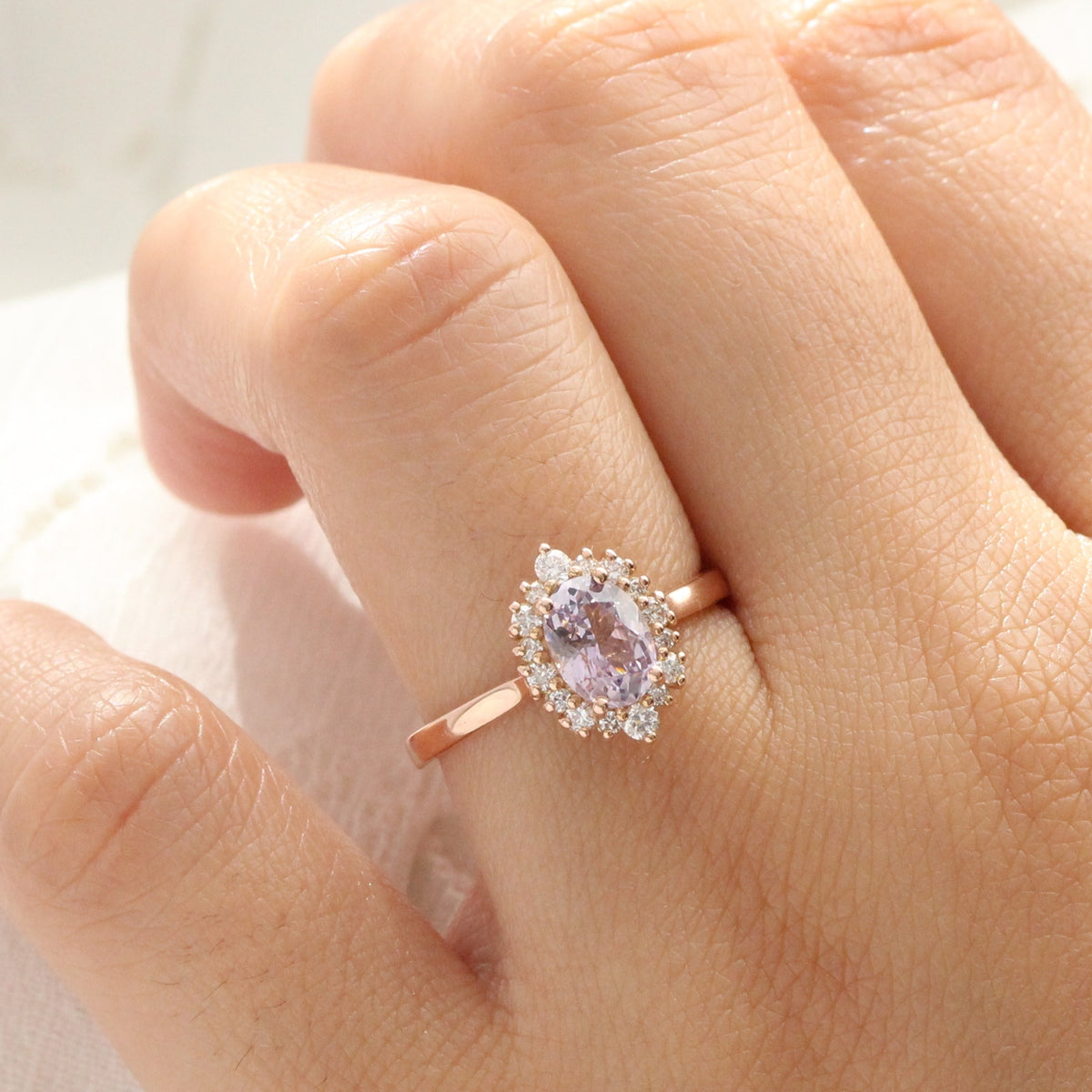 Oval lavender sapphire ring rose gold halo diamond sapphire engagement ring la more design jewelry