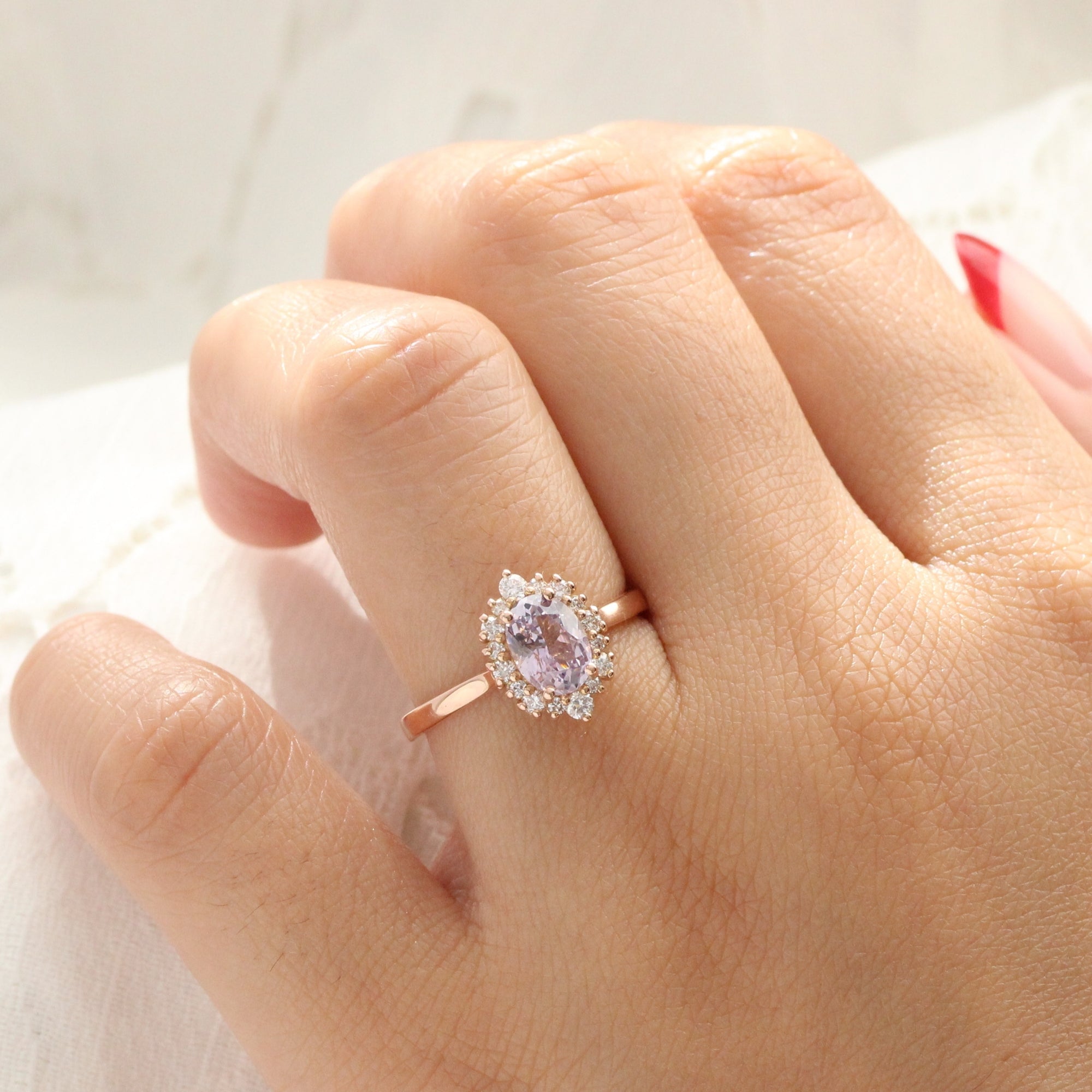 Oval lavender sapphire ring rose gold halo diamond sapphire engagement ring la more design jewelry