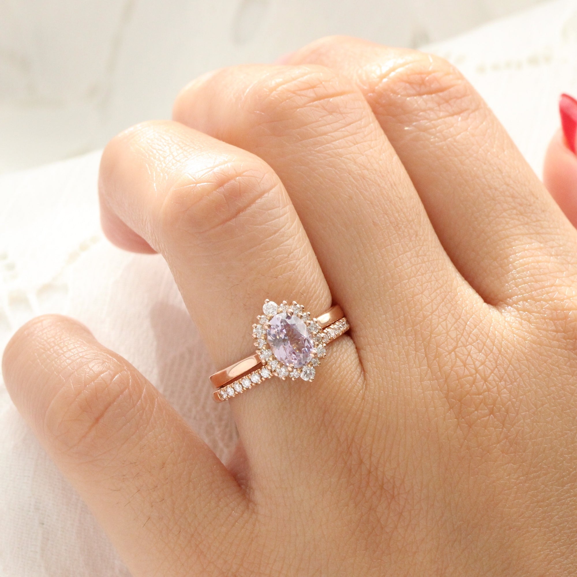 Oval lavender sapphire ring rose gold halo diamond sapphire engagement ring la more design jewelry