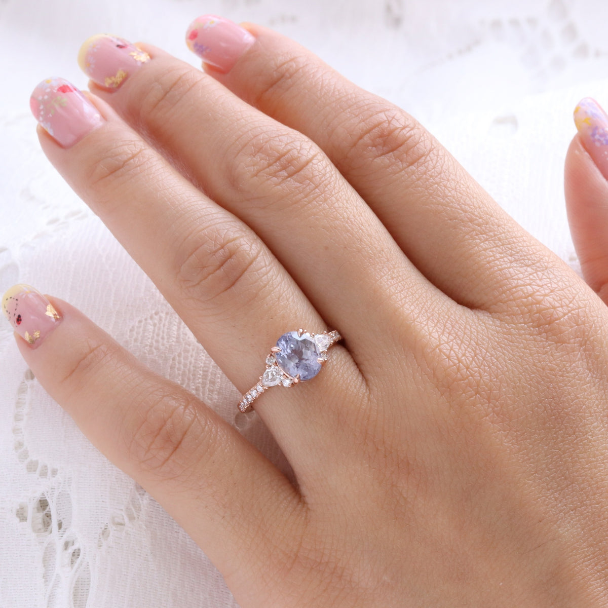 Oval lavender sapphire ring rose gold light purple sapphire diamond 3 stone ring la more design jewelry