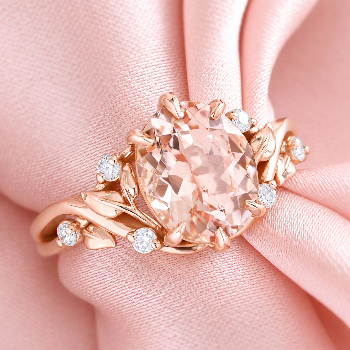 Oval morganite ring rose gold floral leaf diamond morganite solitaire ring la more design jewelry