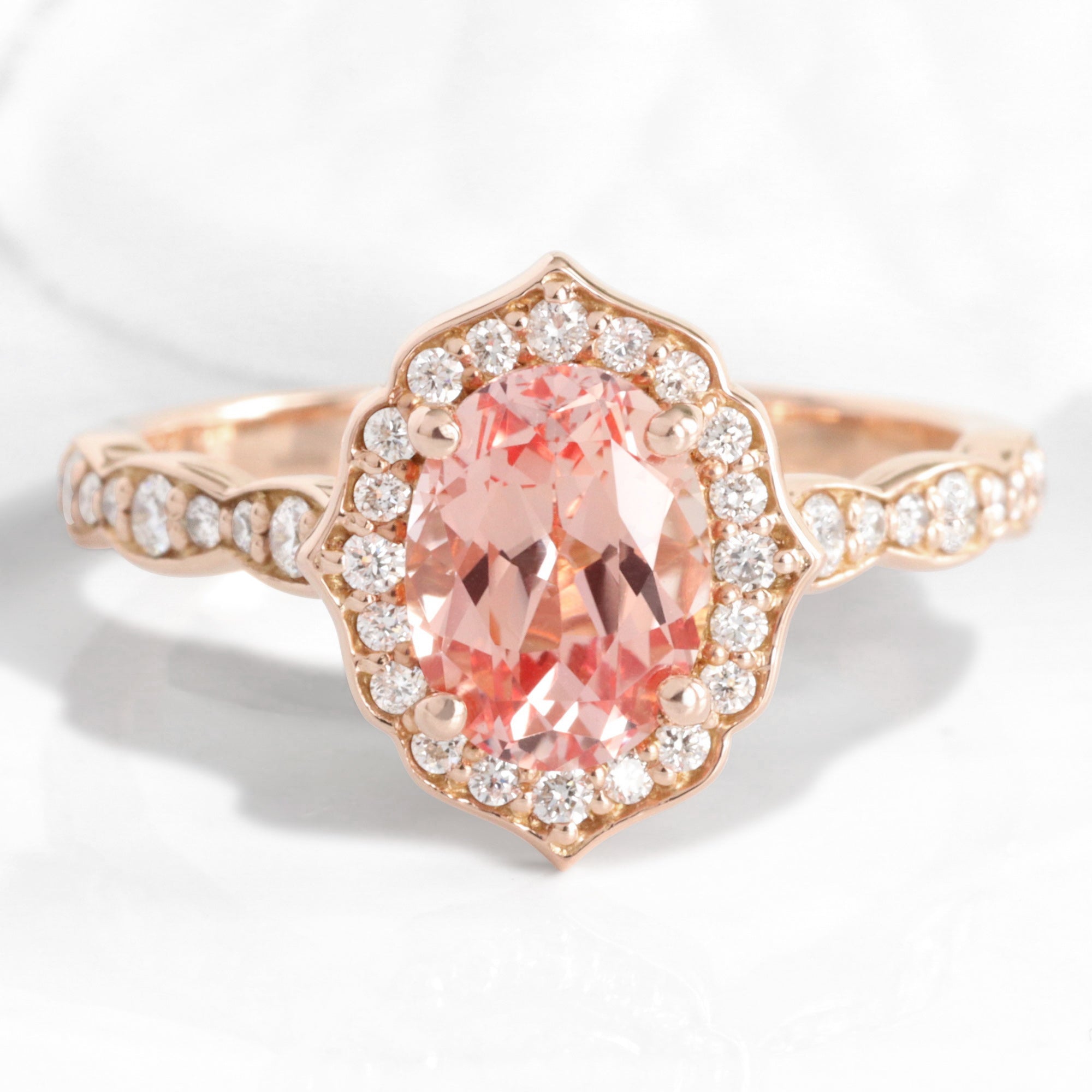 Vintage Halo Diamond Oval Pink Peach Sapphire Engagement Ring Gold