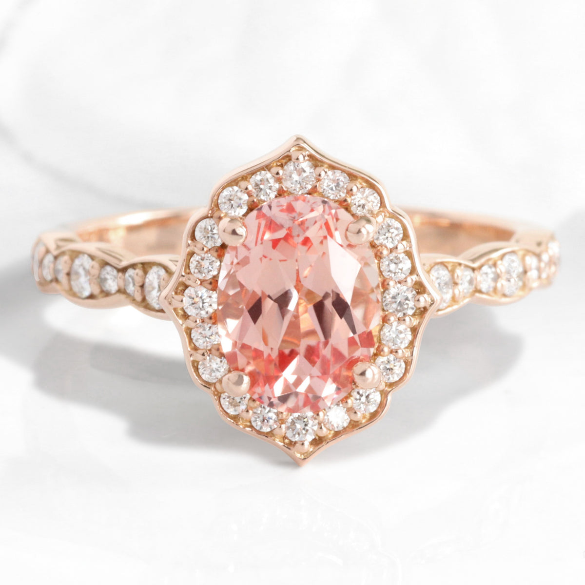 Oval peach sapphire engagement ring rose gold vintage floral diamond morganite ring la more design jewelry