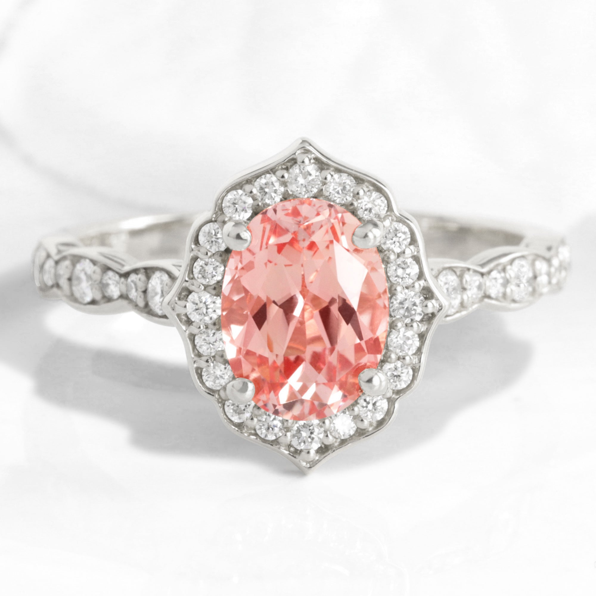 Oval peach sapphire engagement ring white gold vintage floral diamond morganite ring la more design jewelry