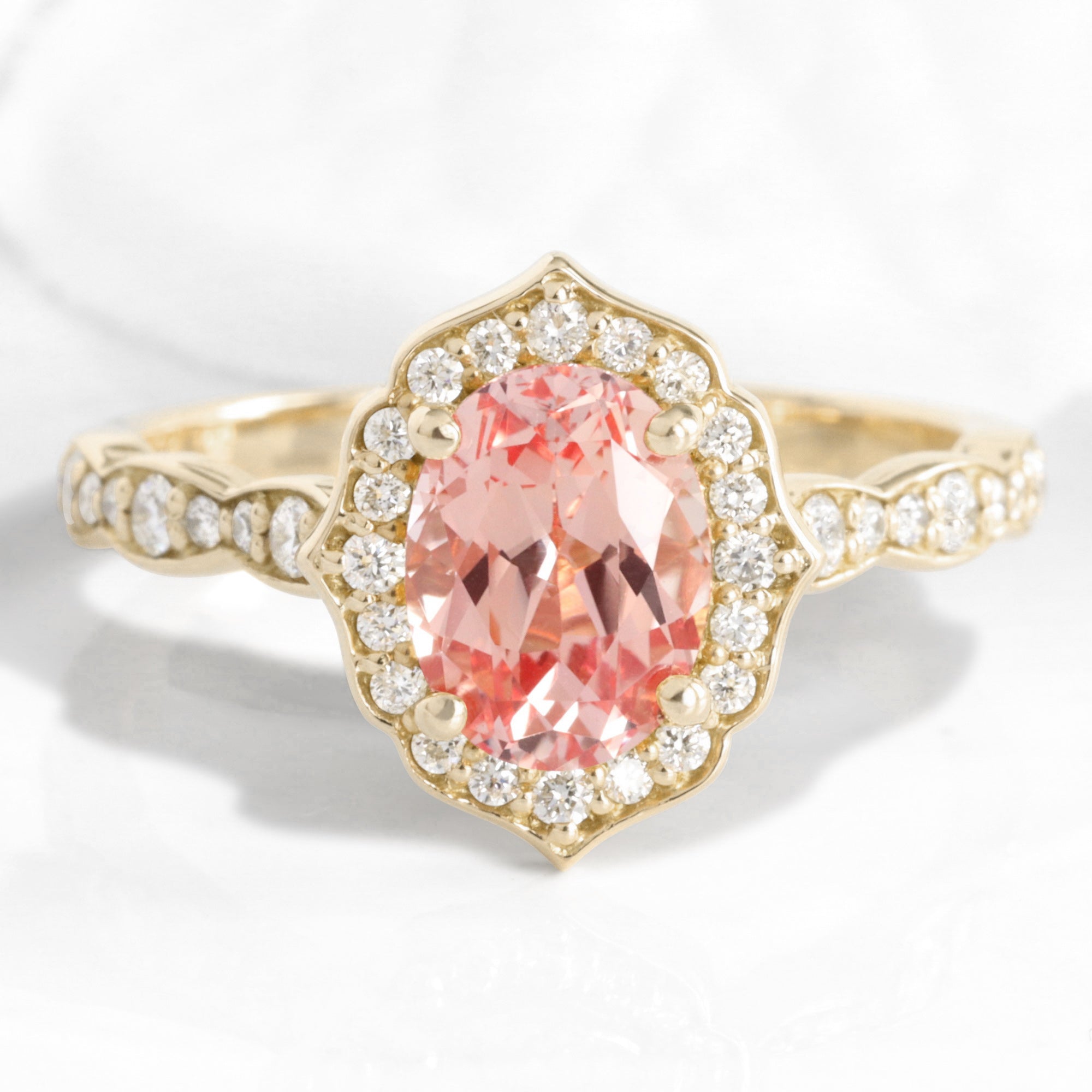 Oval peach sapphire engagement ring yellow gold vintage floral diamond morganite ring la more design jewelry