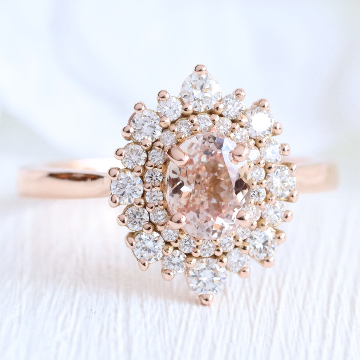 Oval pink peach sapphire ring rose gold double halo diamond engagement ring la more design jewelry