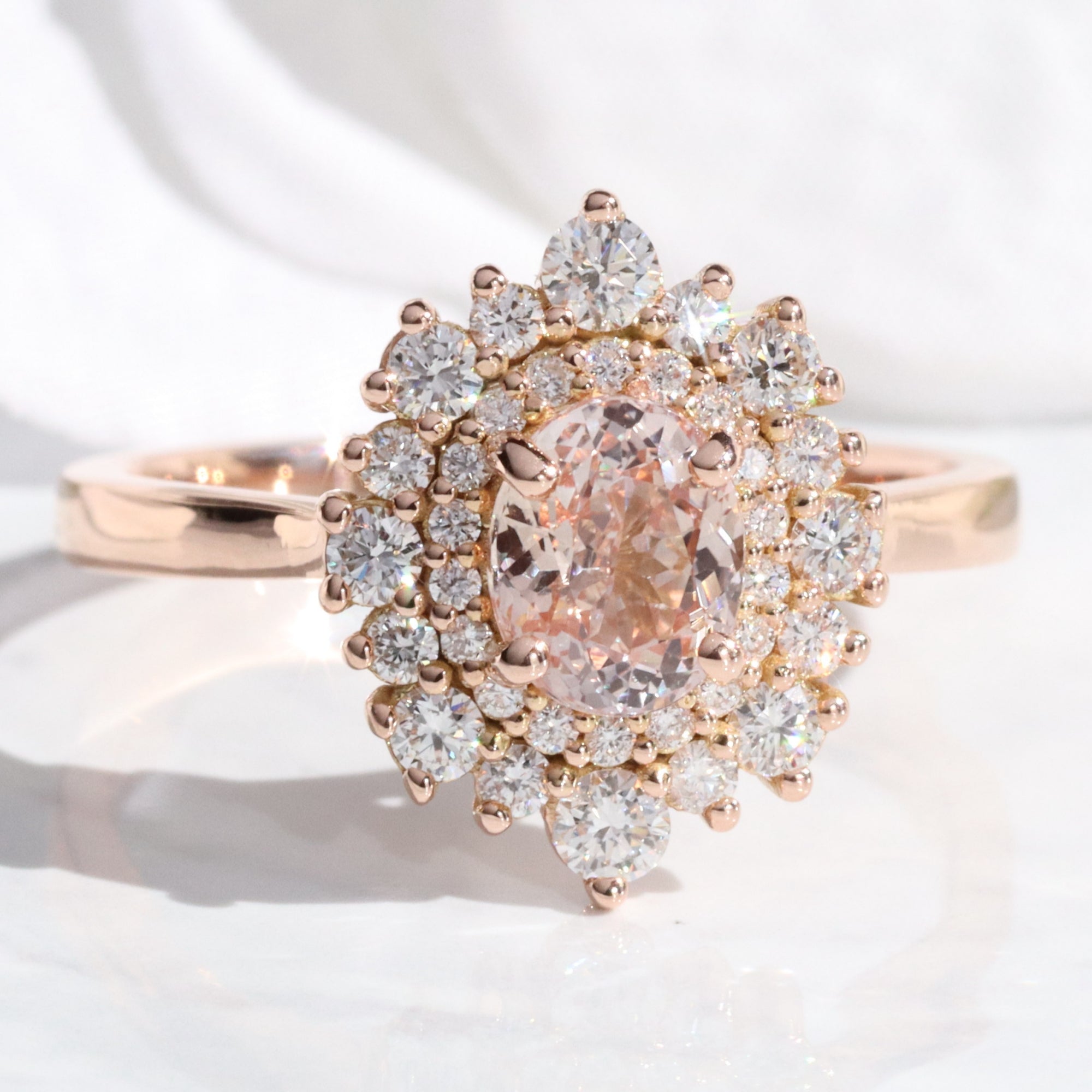 Oval pink peach sapphire ring rose gold double halo diamond engagement ring la more design jewelry