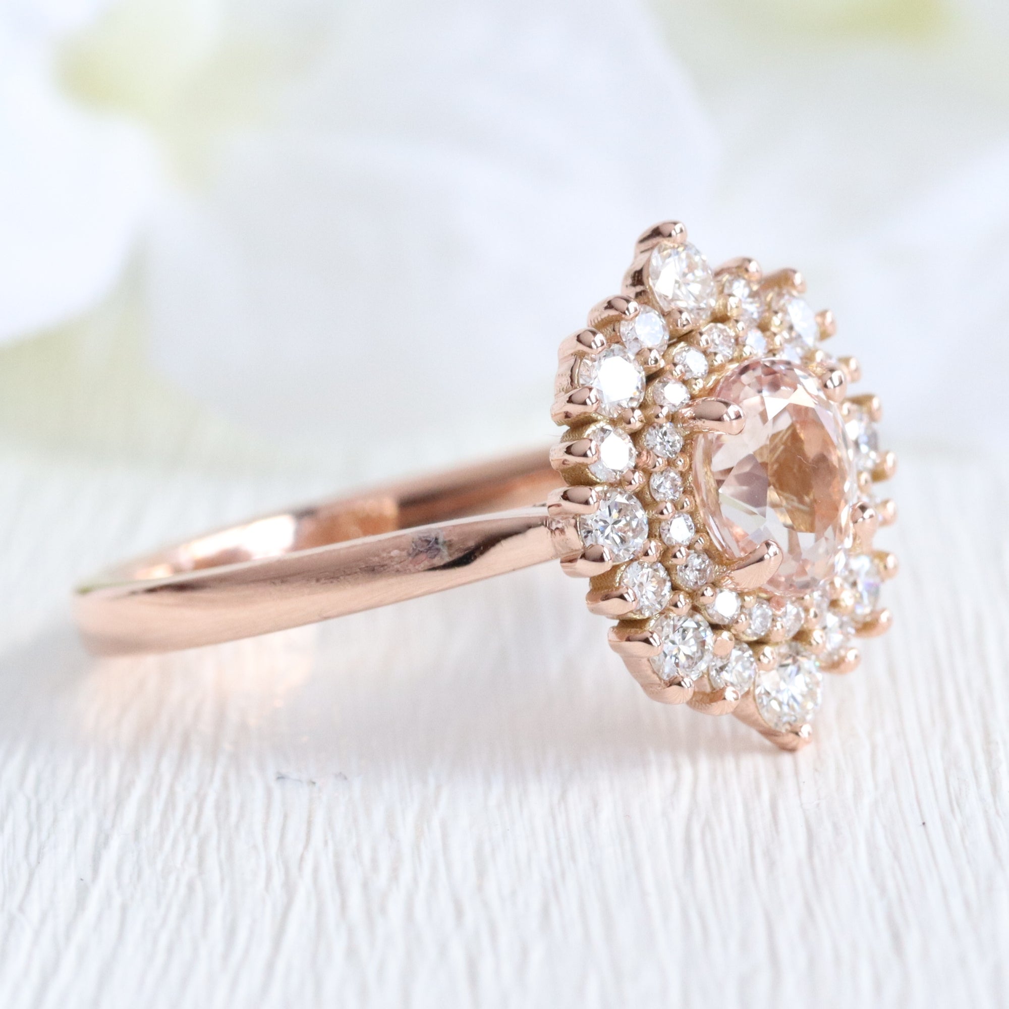 Oval pink peach sapphire ring rose gold double halo diamond engagement ring la more design jewelry